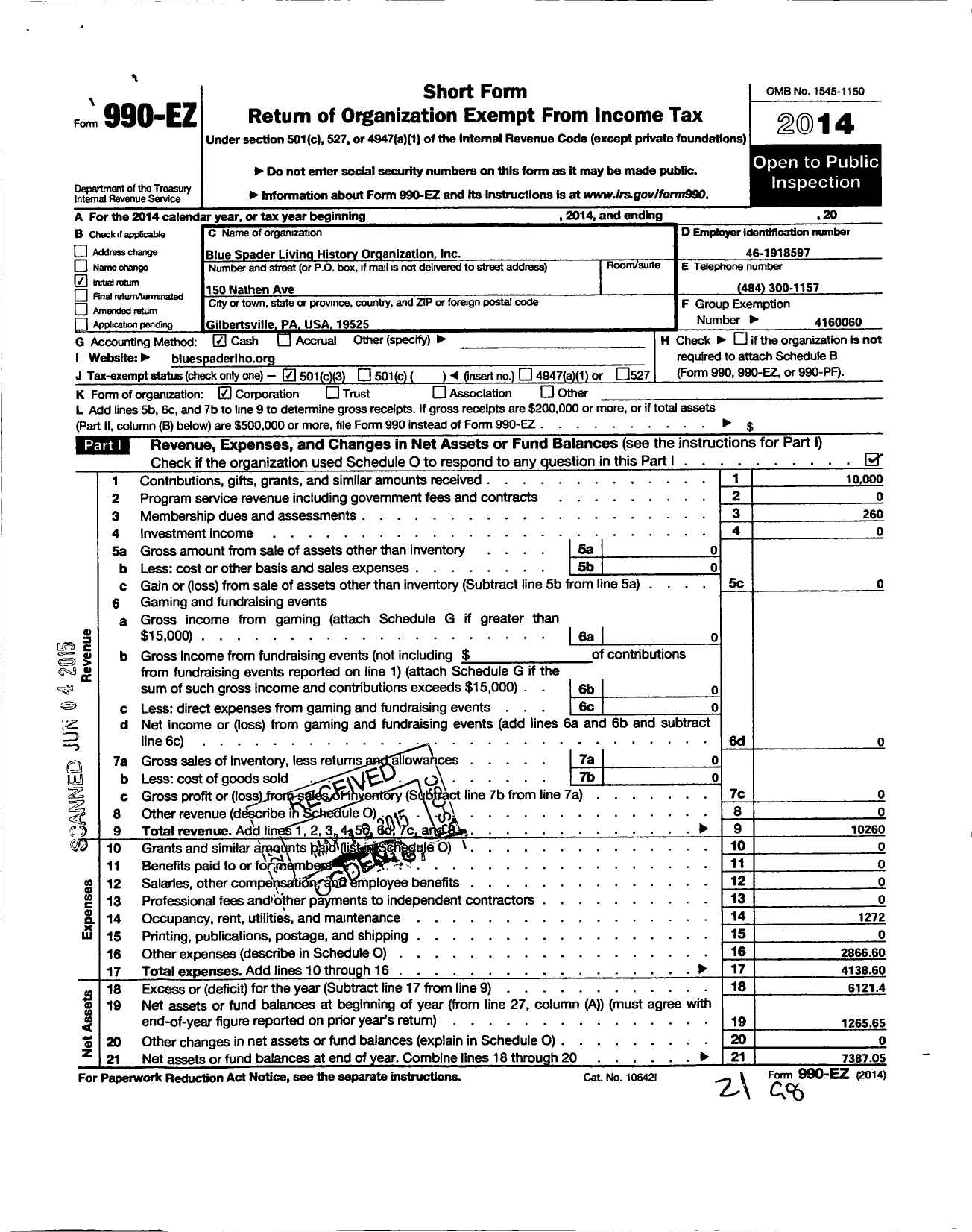 Image of first page of 2014 Form 990EZ for Blue Spader Living History Organization