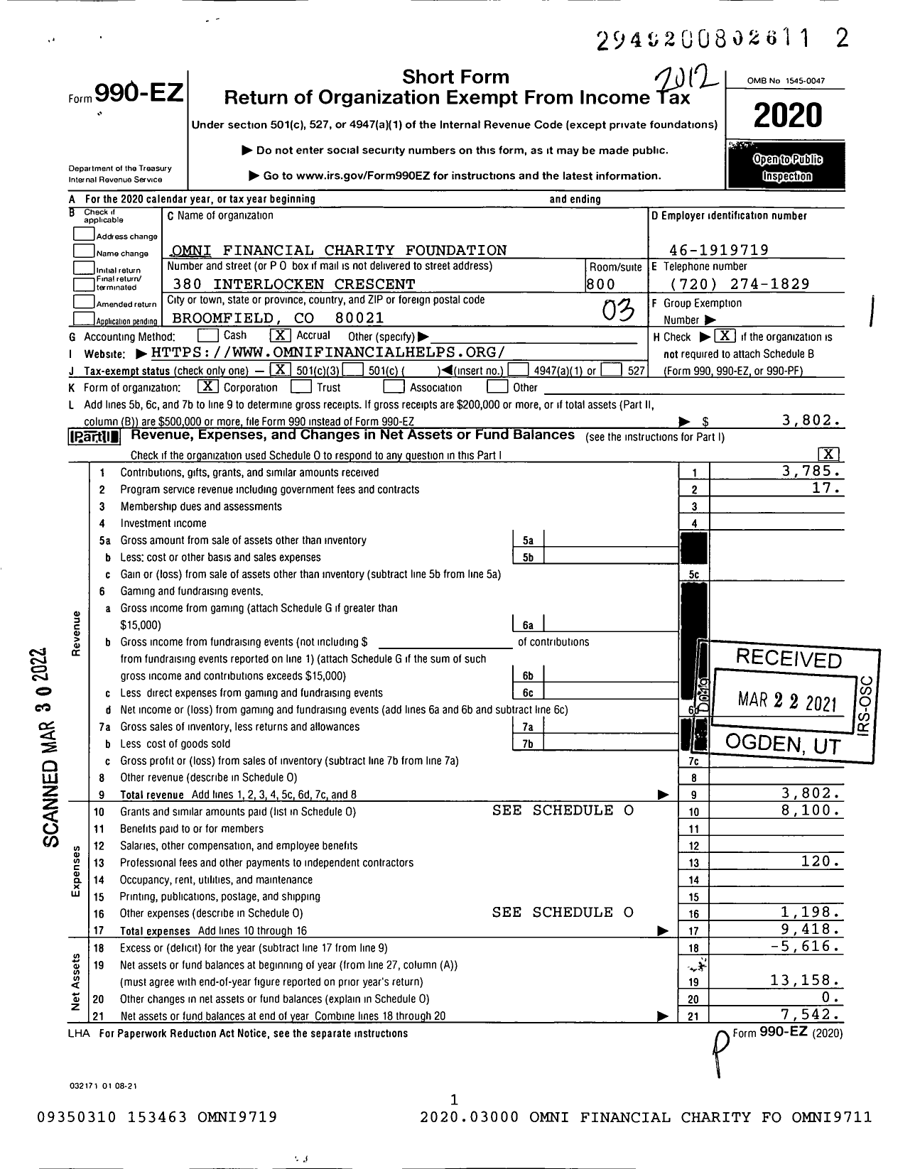 Image of first page of 2020 Form 990EZ for Omni Financial Charity Foundation