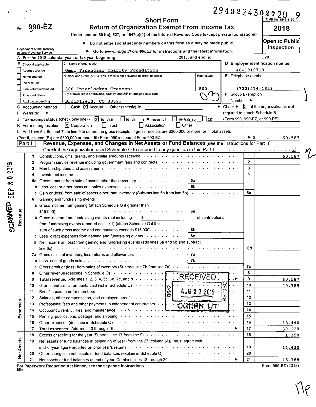 Image of first page of 2018 Form 990EZ for Omni Financial Charity Foundation