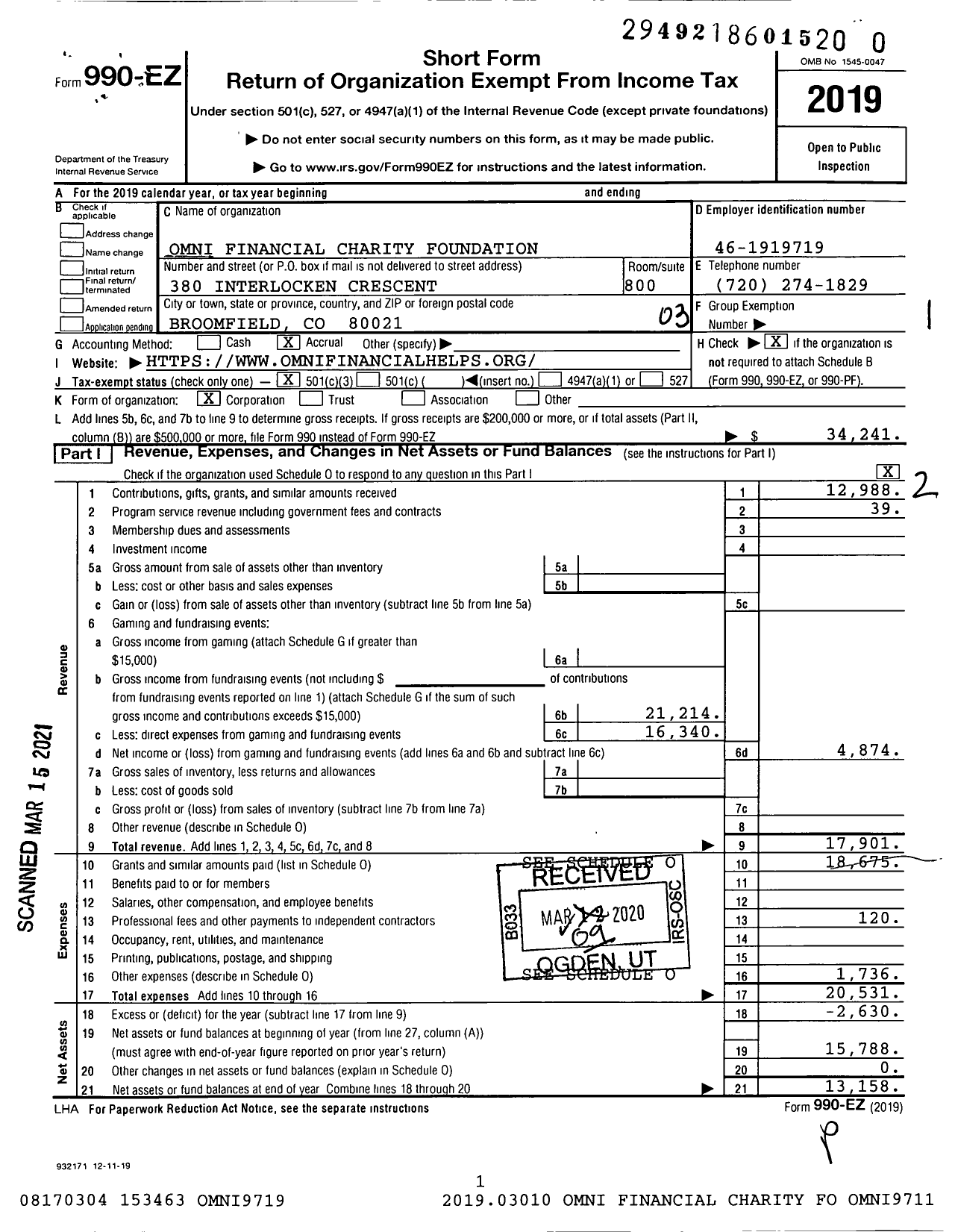 Image of first page of 2019 Form 990EZ for Omni Financial Charity Foundation