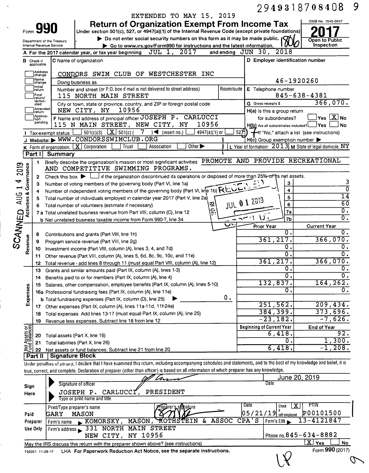 Image of first page of 2017 Form 990O for Condors Swim Club of Westchester