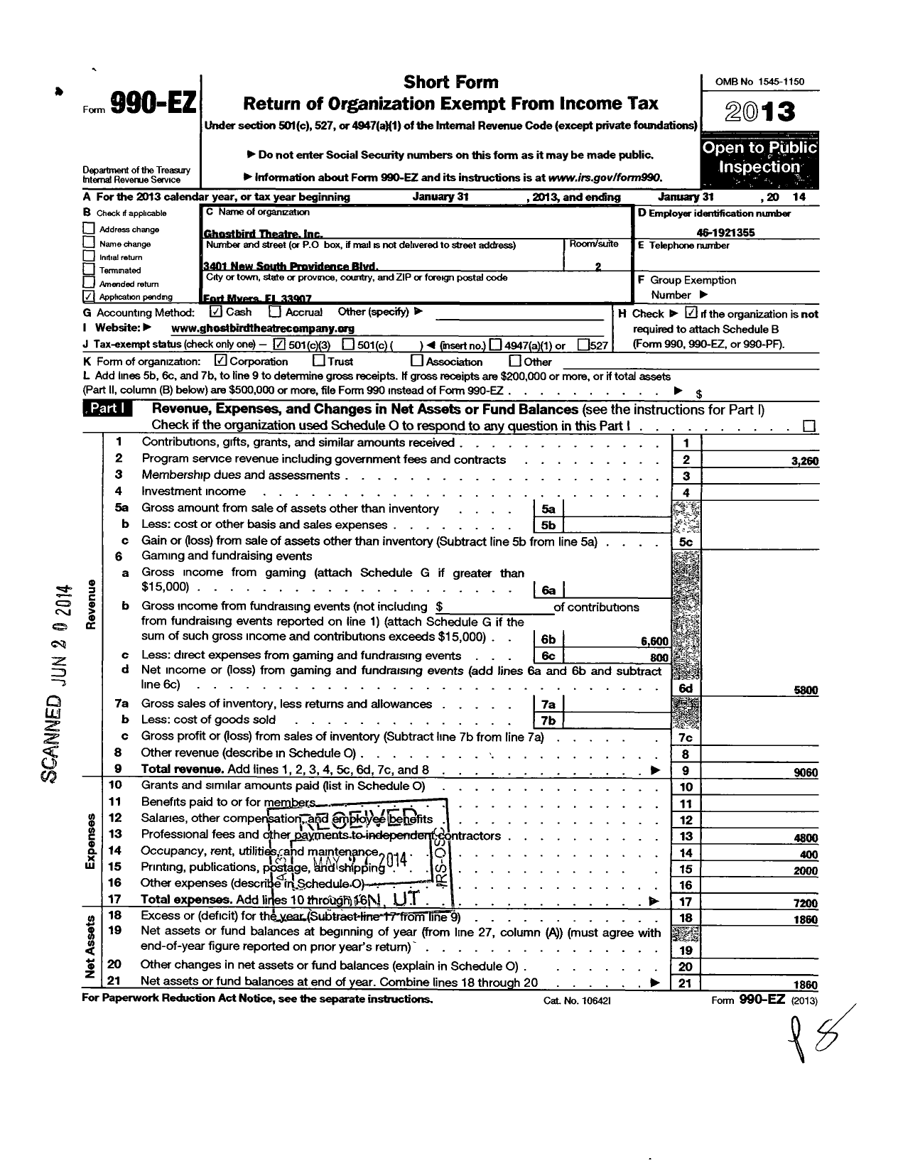 Image of first page of 2013 Form 990EZ for Ghostbird Theatre Company