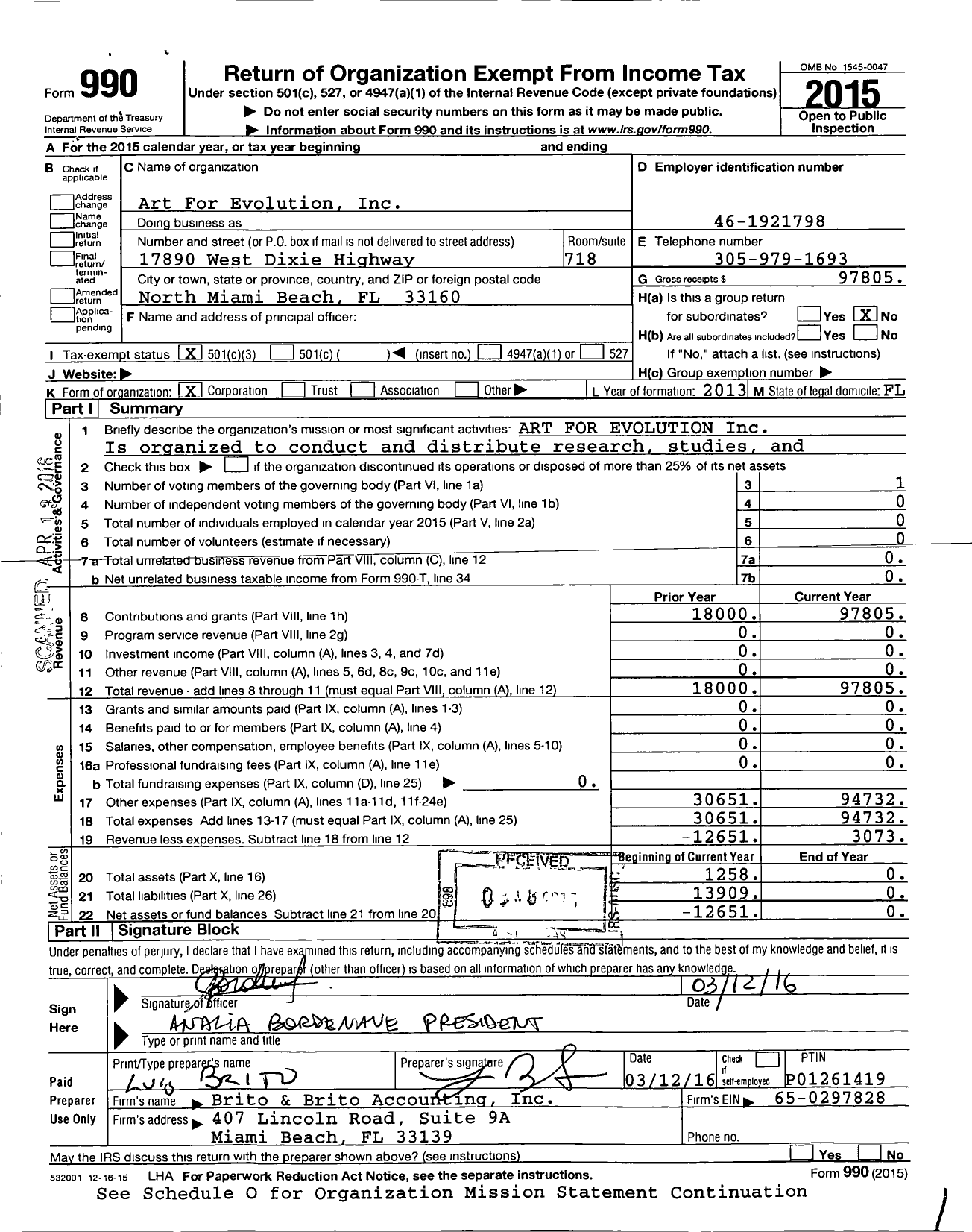 Image of first page of 2015 Form 990 for Art for Evolution