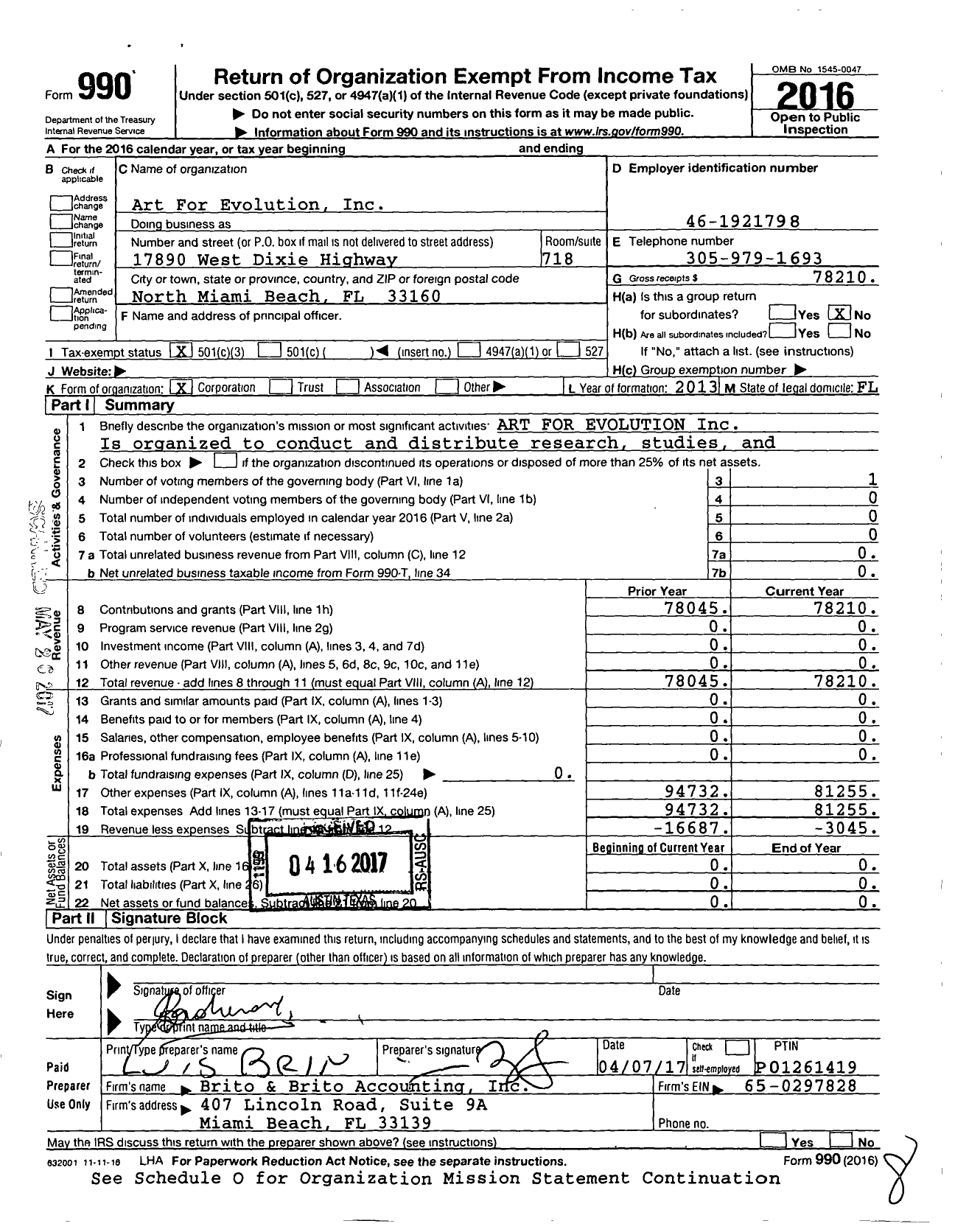 Image of first page of 2016 Form 990 for Art for Evolution