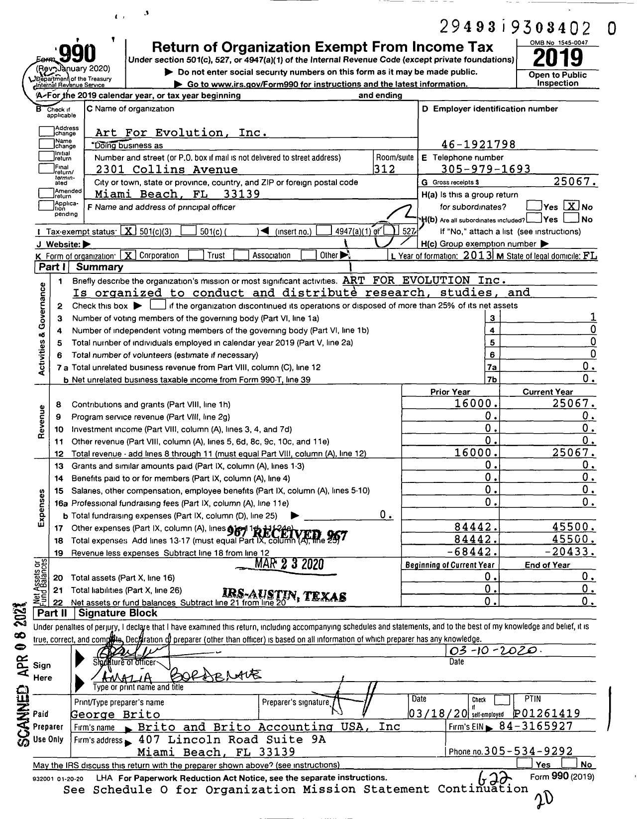 Image of first page of 2019 Form 990 for Art for Evolution