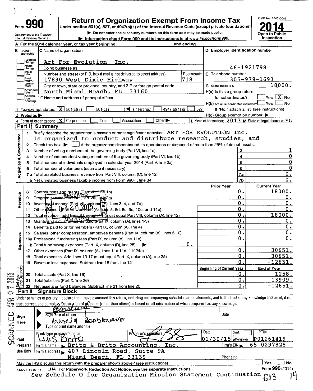 Image of first page of 2014 Form 990 for Art for Evolution