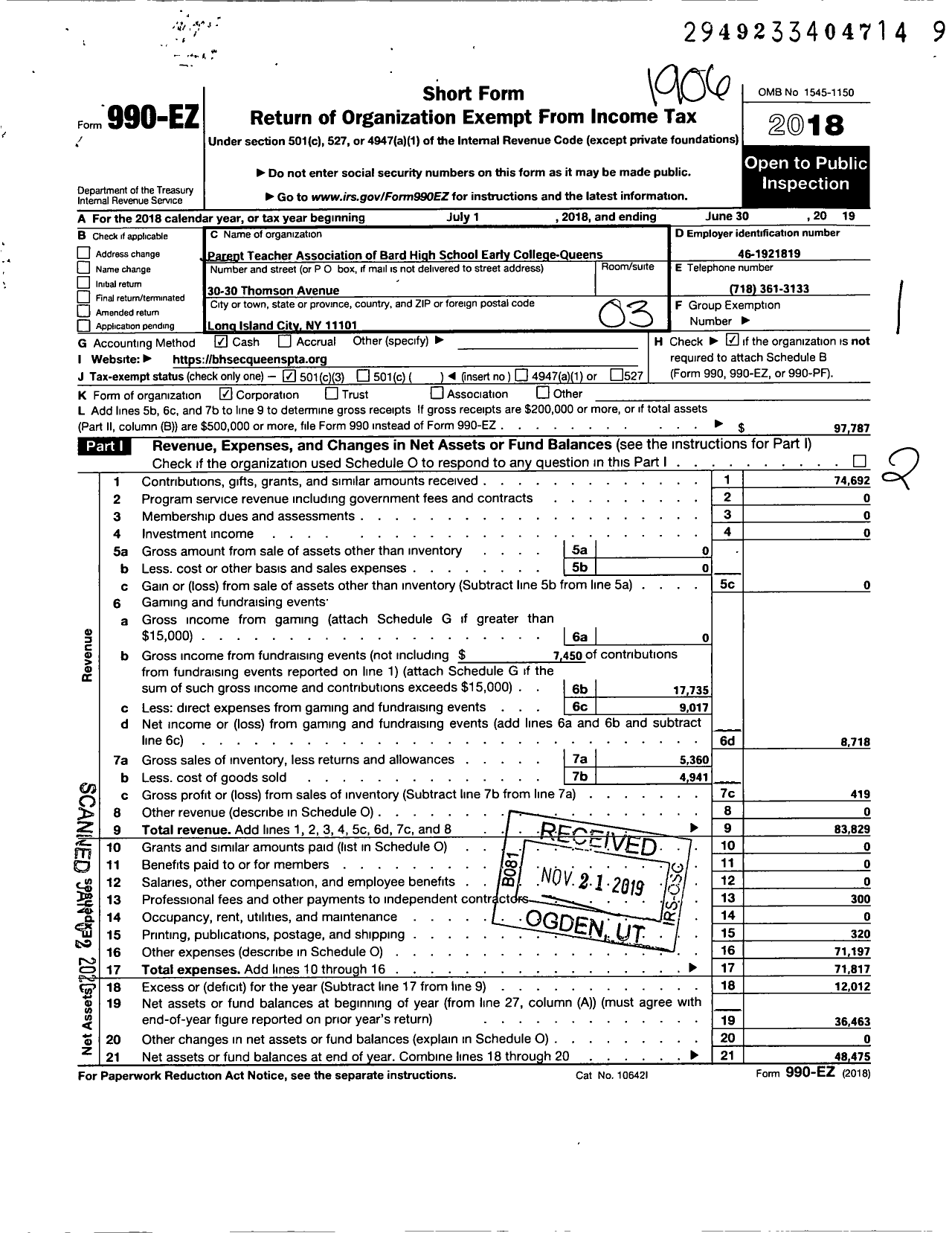 Image of first page of 2018 Form 990EZ for Parent Teacher Association of Bard High School Early College-Queens