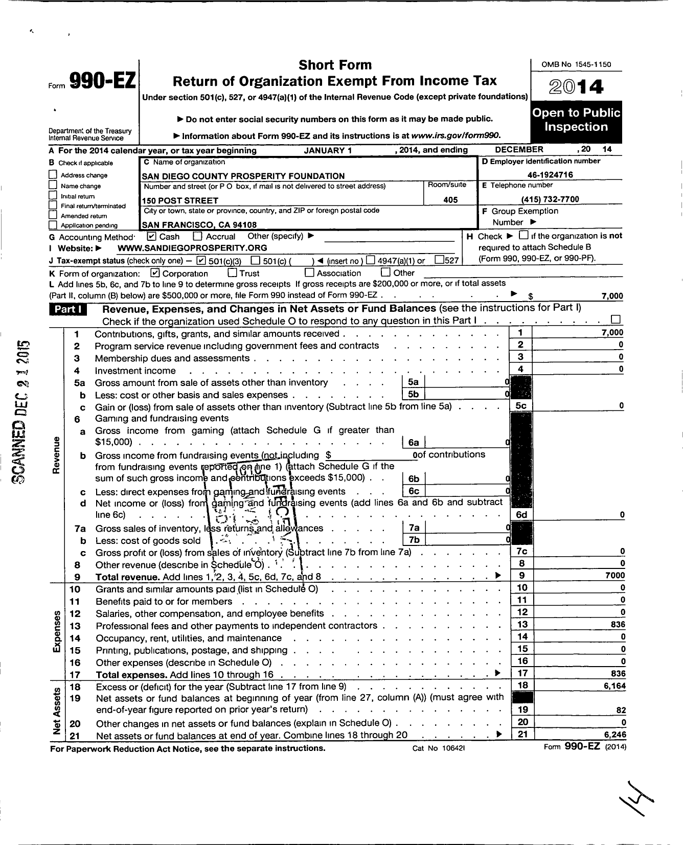 Image of first page of 2014 Form 990EZ for San Diego County Prosperity Foundation