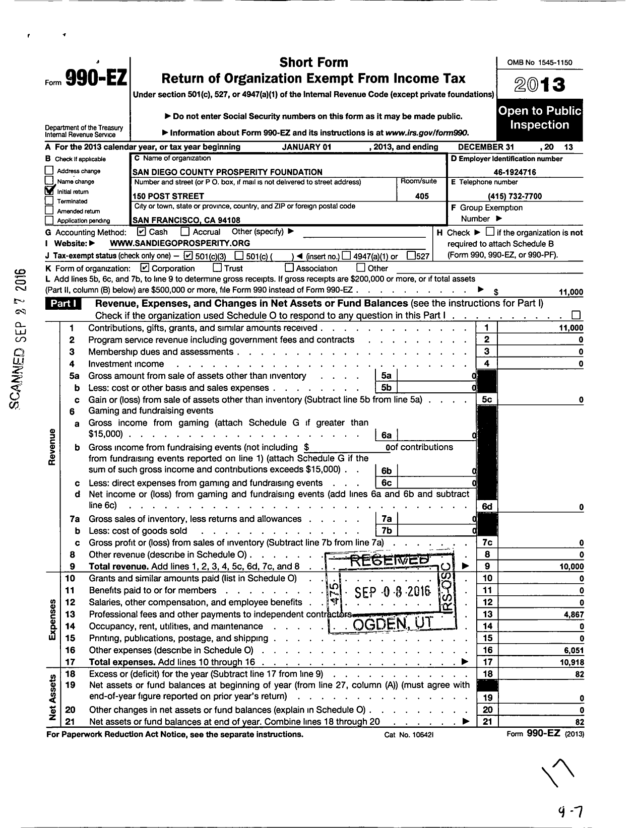 Image of first page of 2013 Form 990EZ for San Diego County Prosperity Foundation