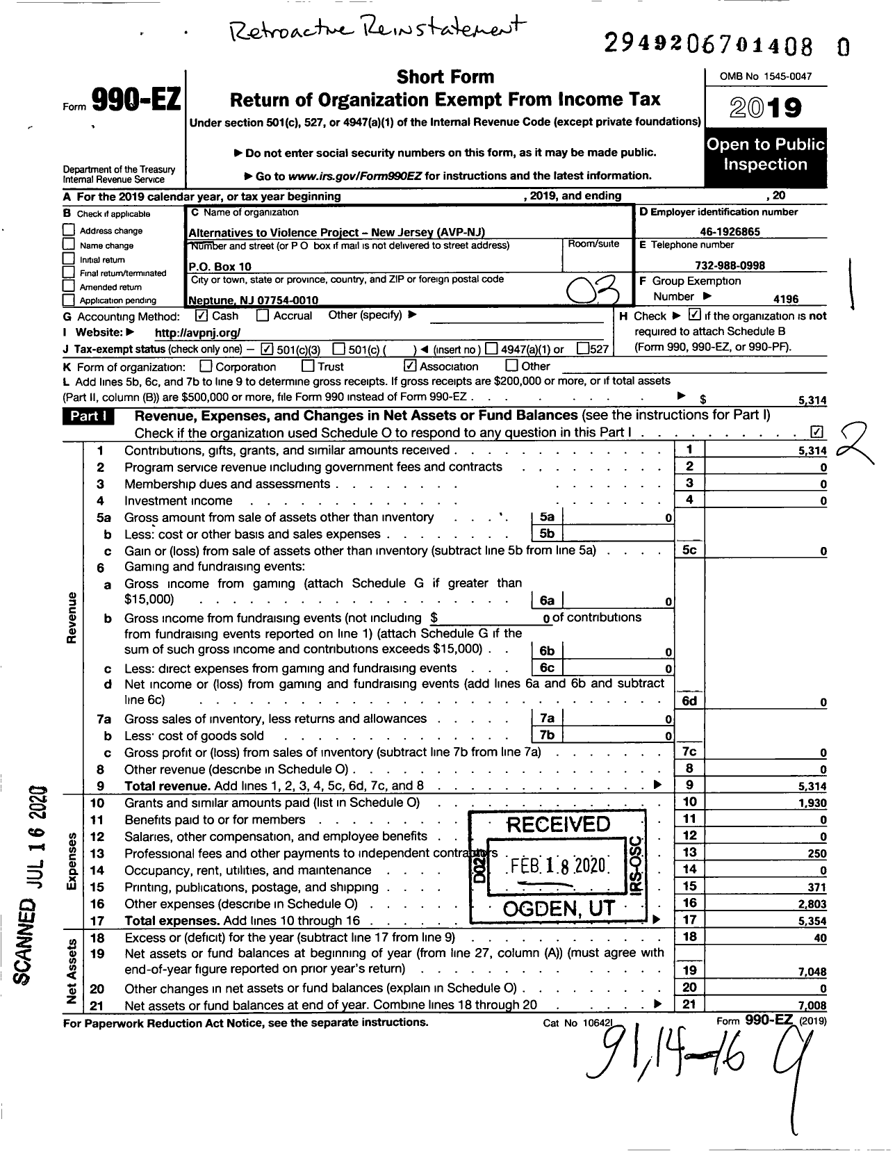 Image of first page of 2019 Form 990EZ for Alternatives To Violence Project USA / Avp New Jersey