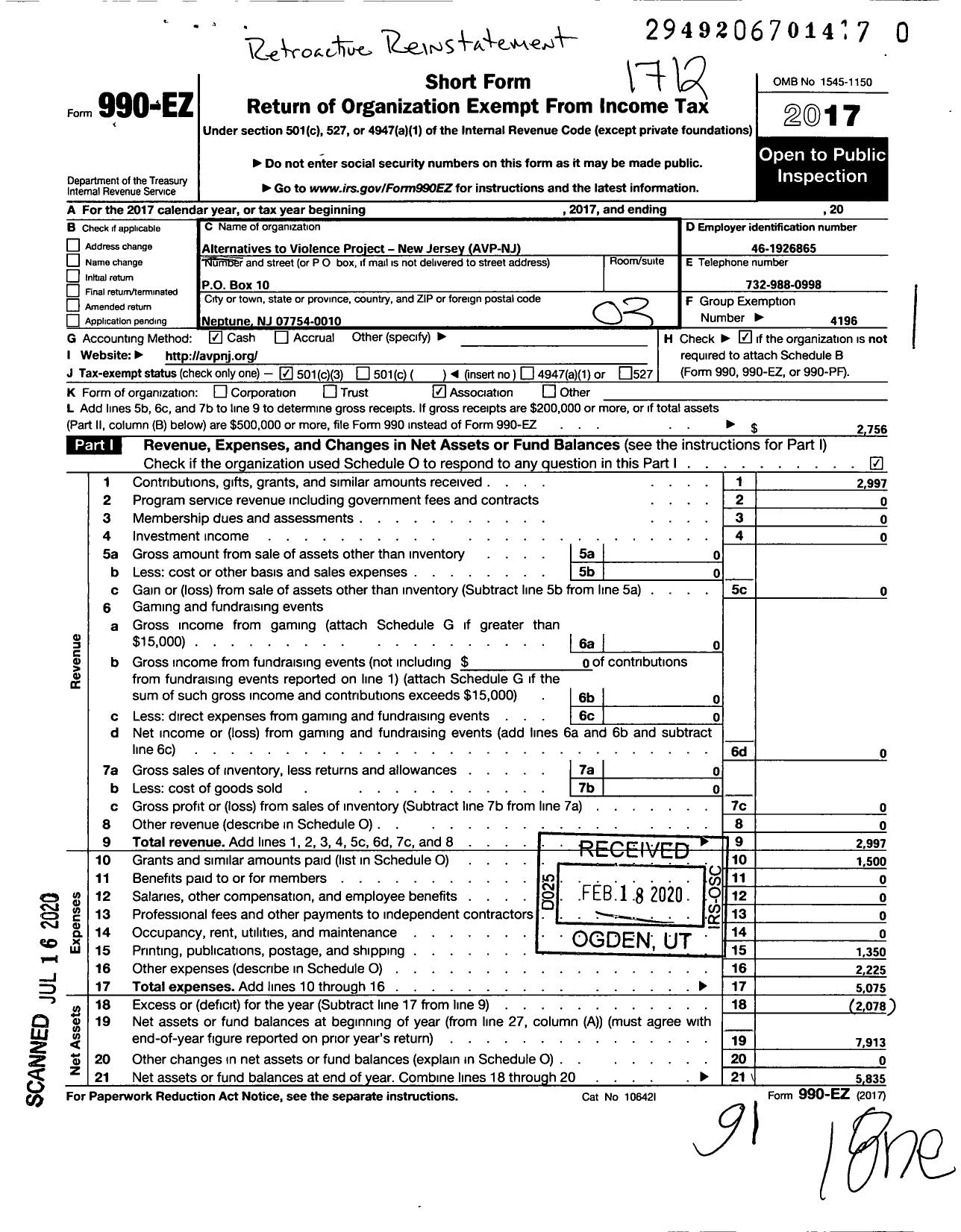 Image of first page of 2017 Form 990EZ for Alternatives To Violence Project USA / Avp New Jersey