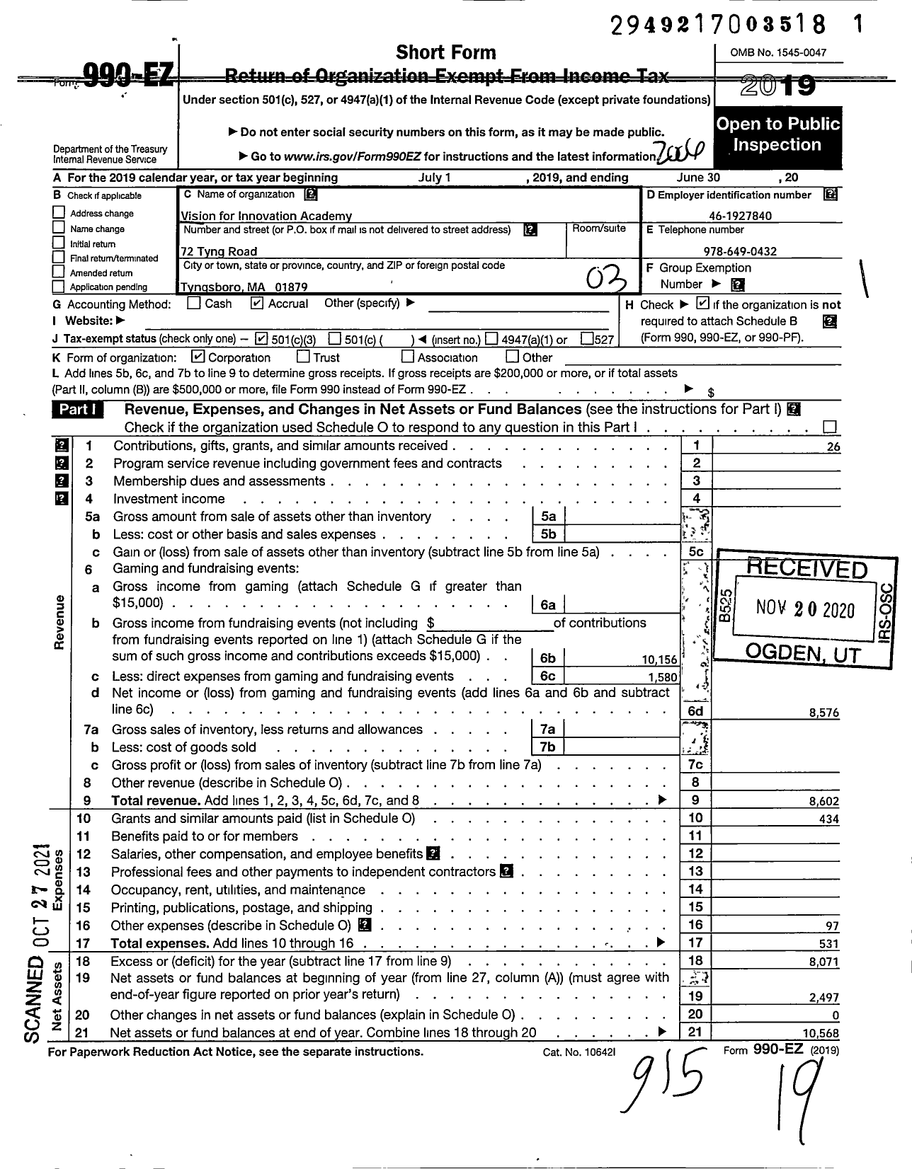 Image of first page of 2019 Form 990EZ for Vision for Innovation Academy