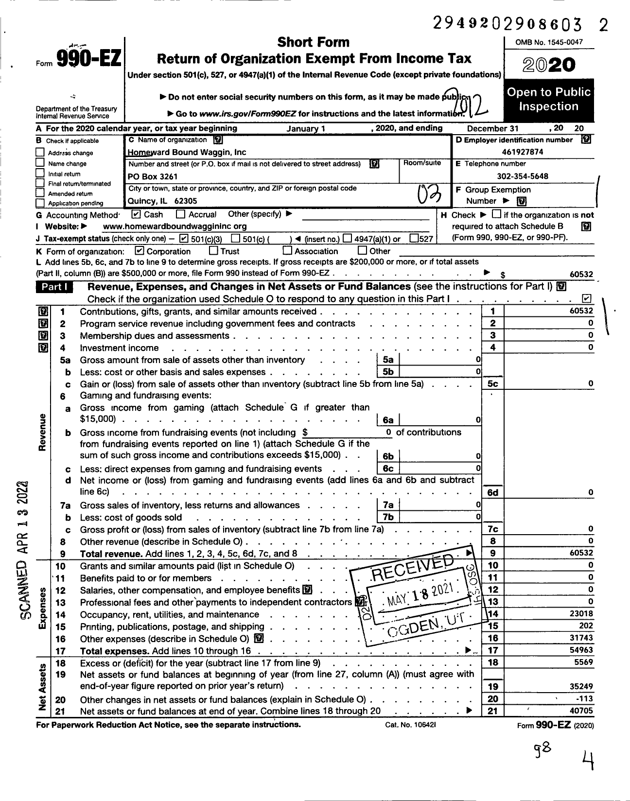 Image of first page of 2020 Form 990EZ for Homeward Bound Waggin