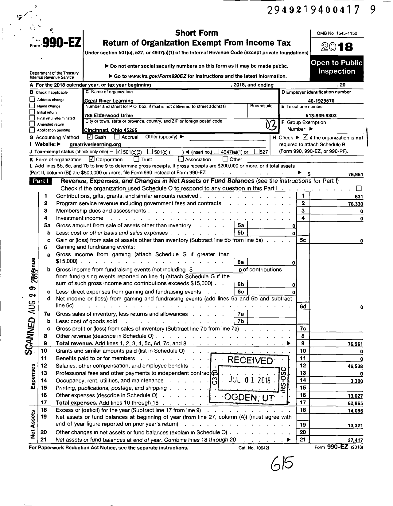 Image of first page of 2018 Form 990EZ for Great River Learning