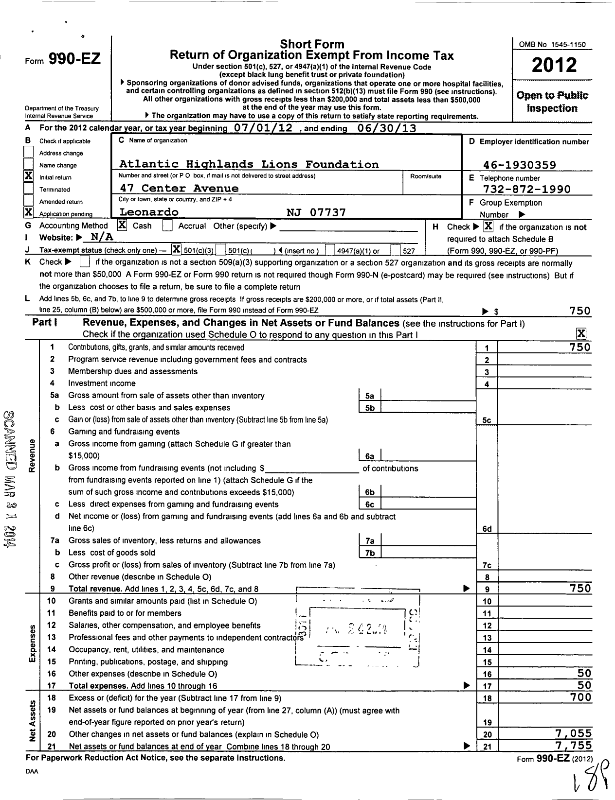 Image of first page of 2012 Form 990EZ for Atlantic Highlands Lions Foundation