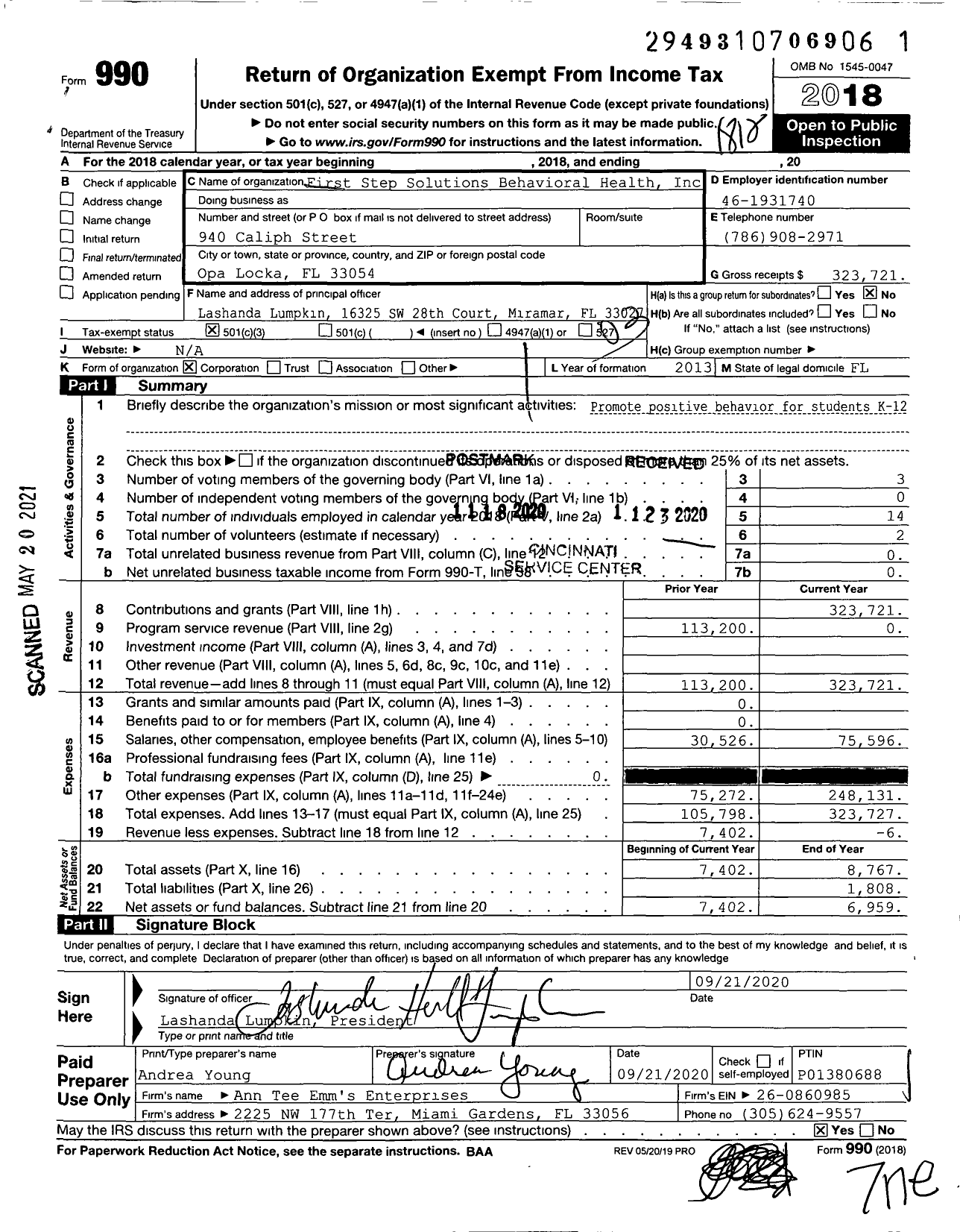 Image of first page of 2018 Form 990 for First Step Solutions Behavioral Health