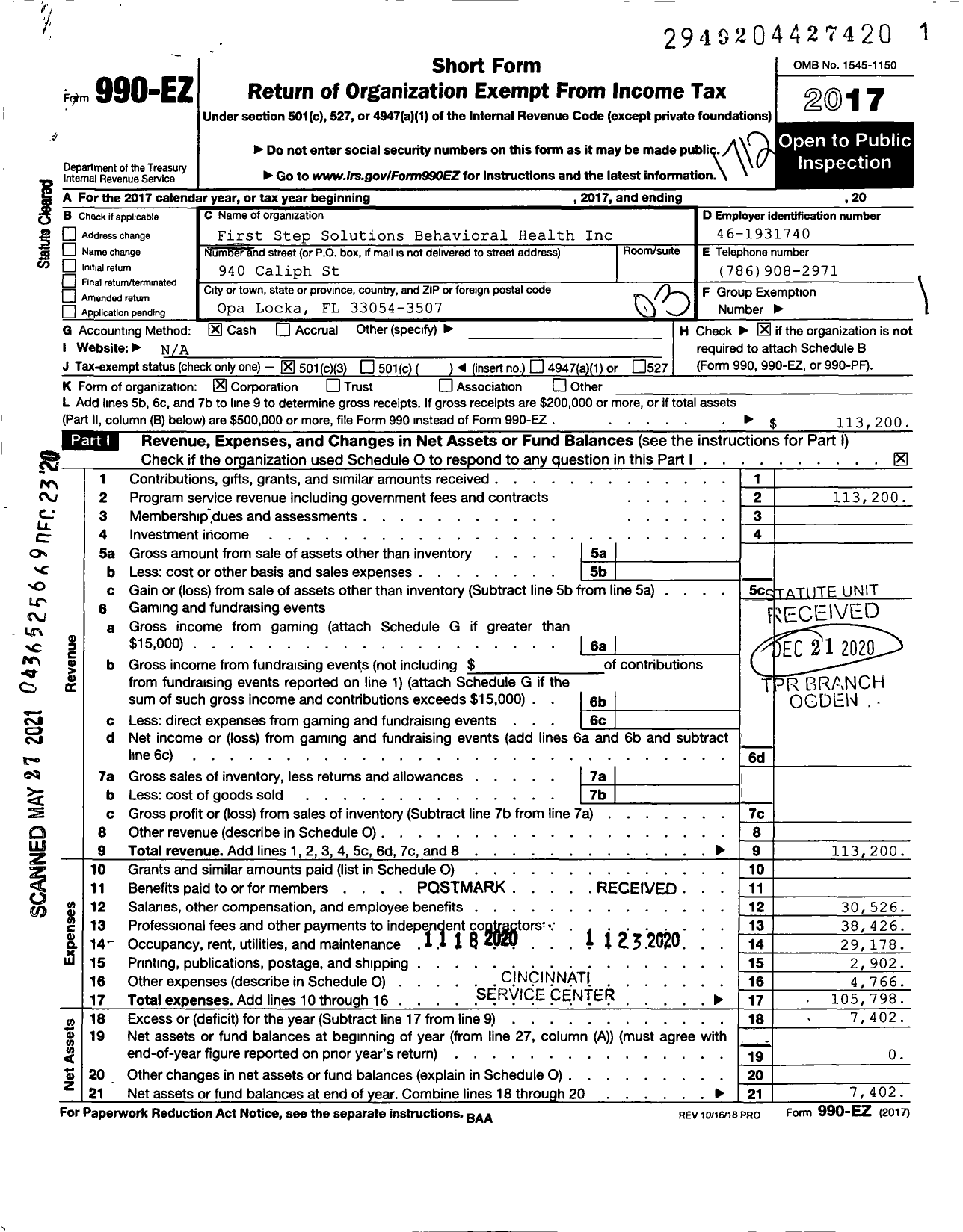 Image of first page of 2017 Form 990EZ for First Step Solutions Behavioral Health