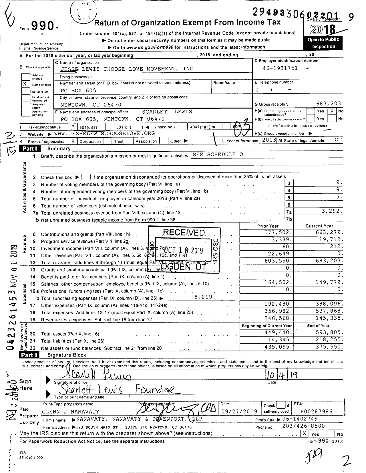 Image of first page of 2018 Form 990 for Jesse Lewis Choose Love Movement