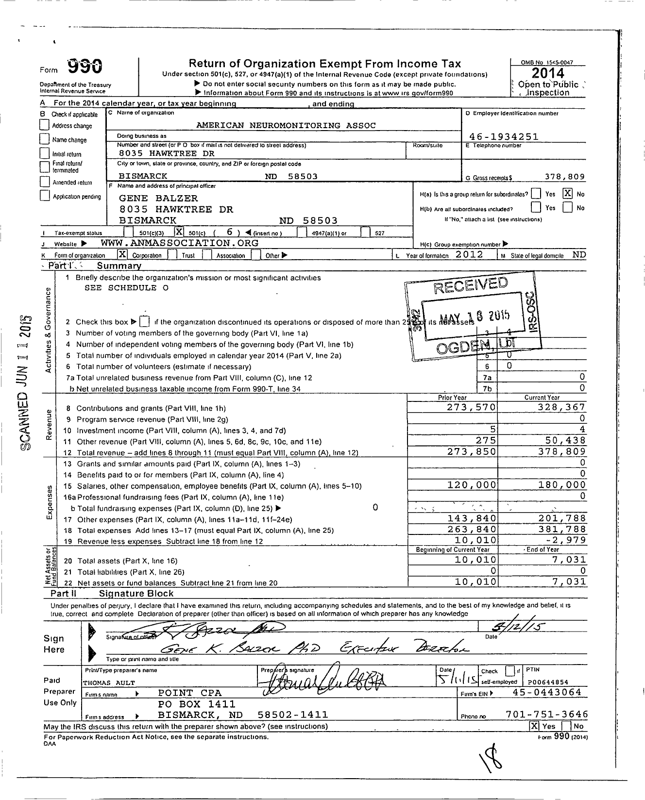 Image of first page of 2014 Form 990O for American Neuromonitoring Association