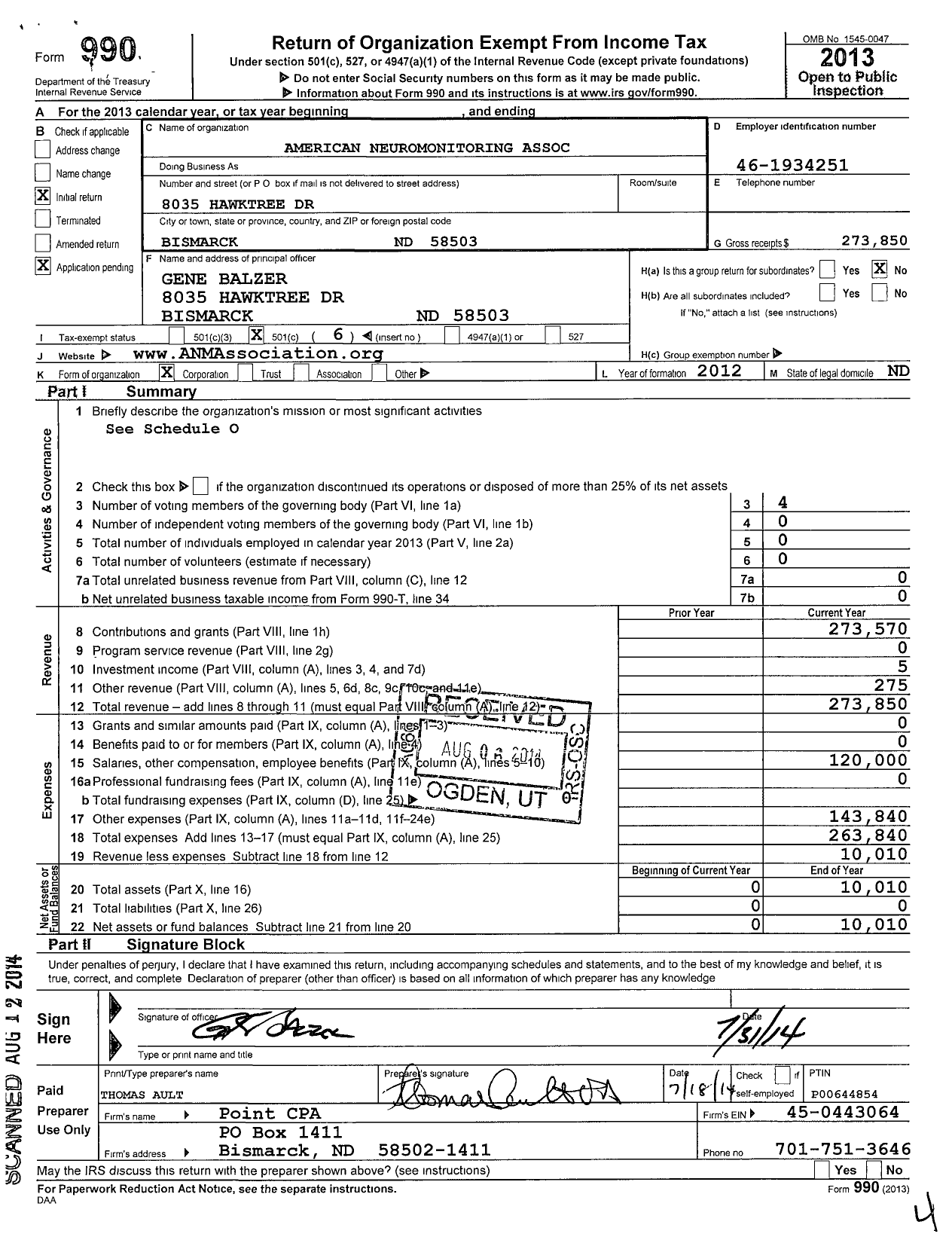 Image of first page of 2013 Form 990O for American Neuromonitoring Association