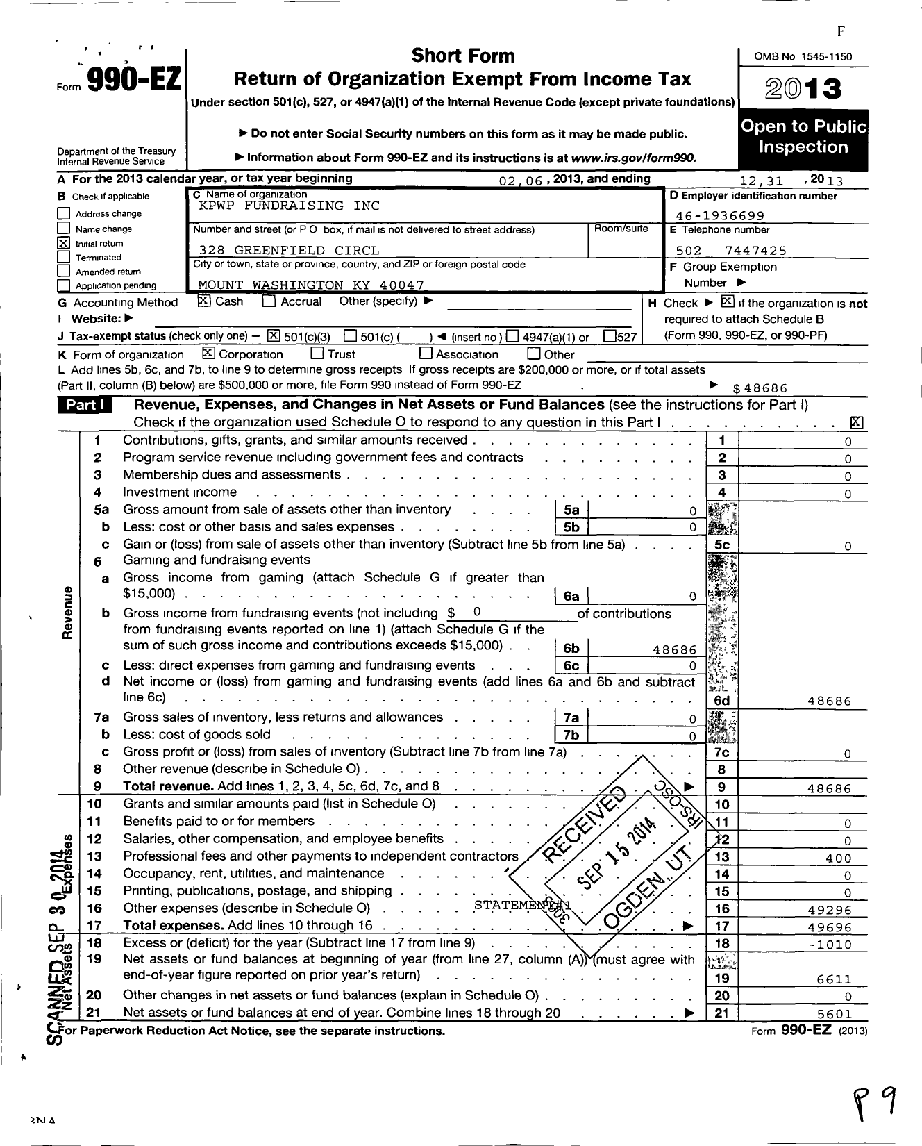 Image of first page of 2013 Form 990EZ for KPWP Fundraising