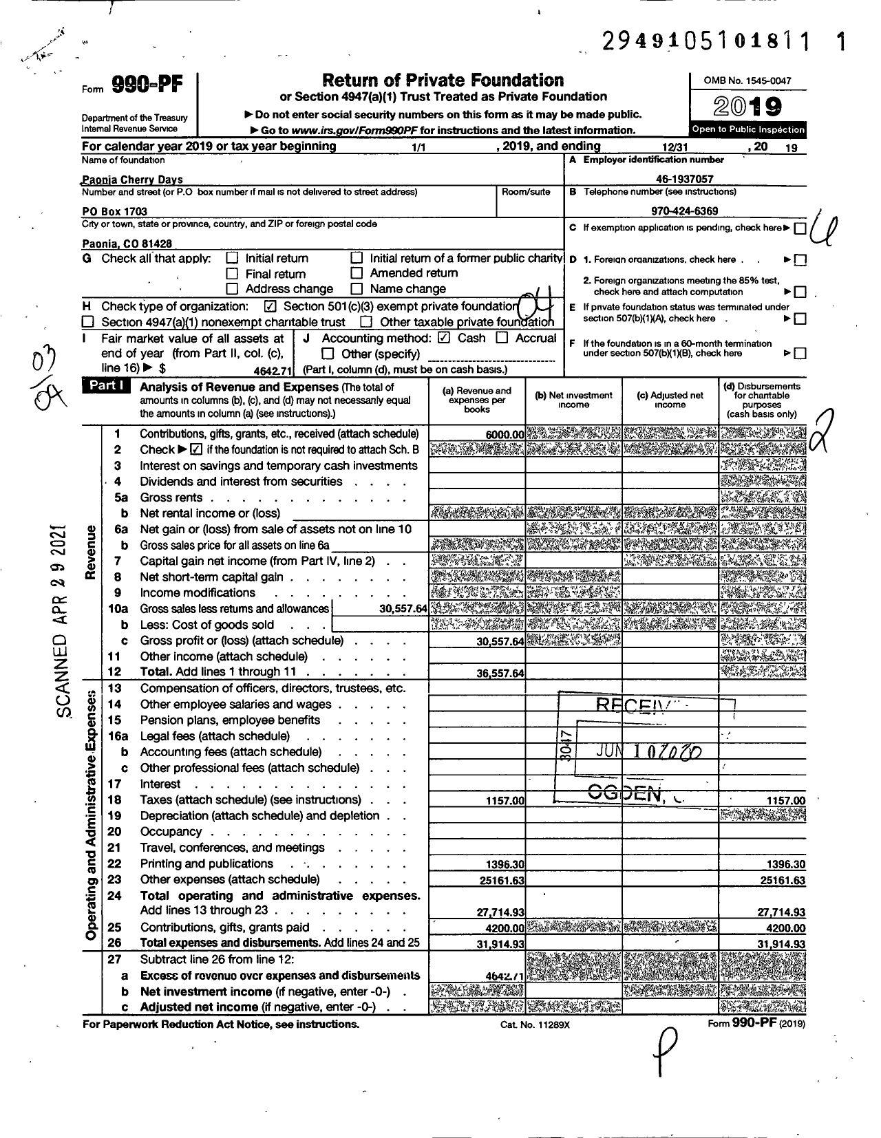 Image of first page of 2019 Form 990PF for Paonia Cherry Days 4ever