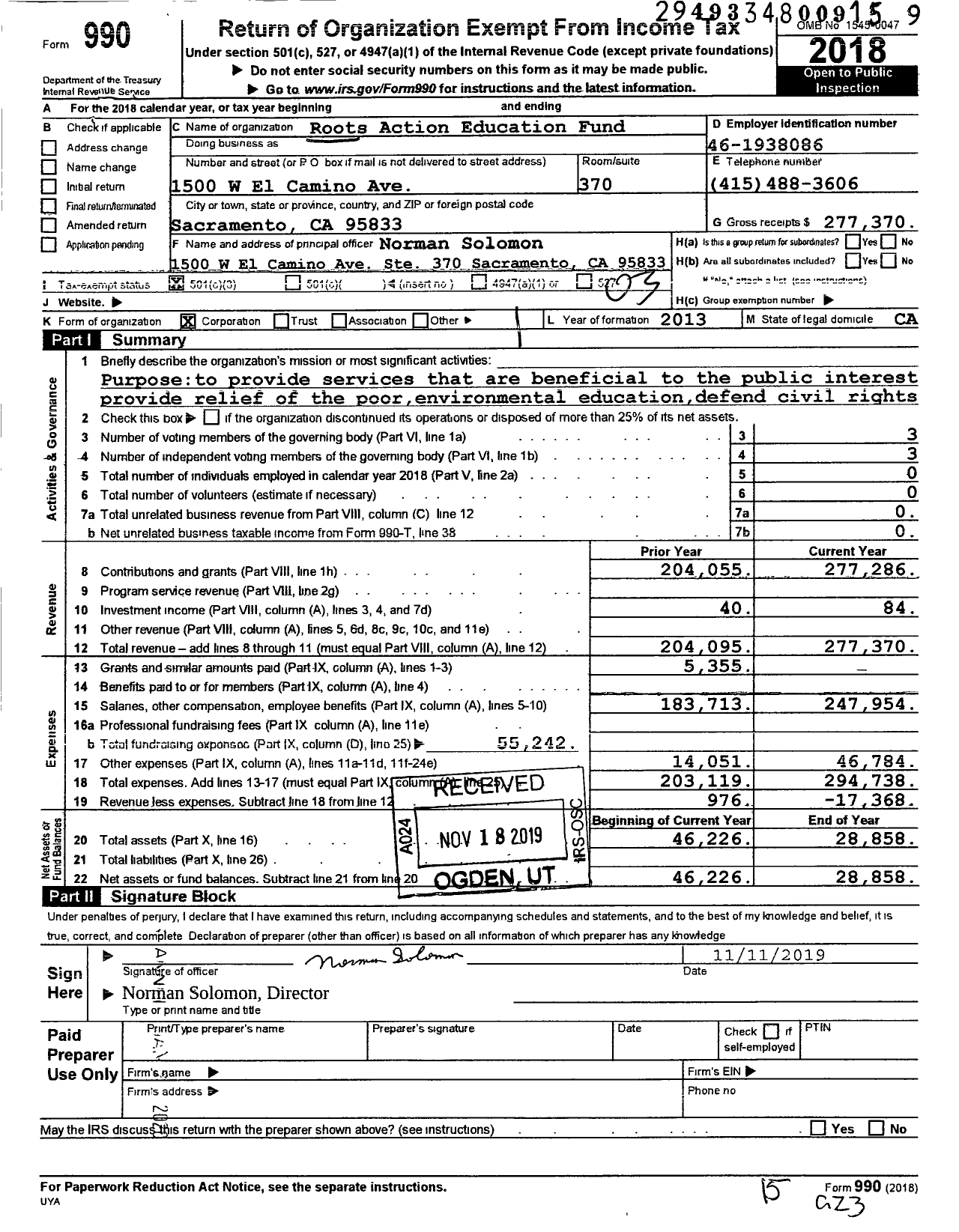 Image of first page of 2018 Form 990 for Roots Action Education Fund