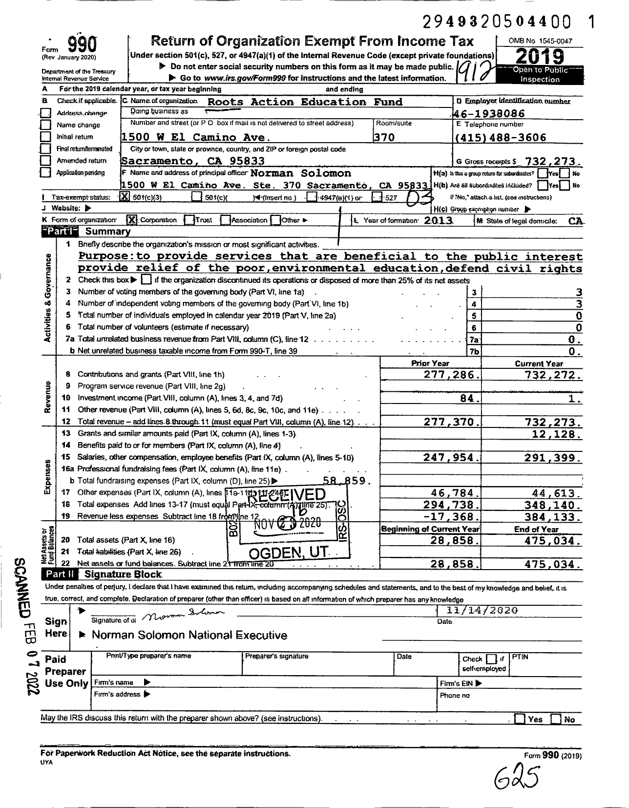 Image of first page of 2019 Form 990 for Roots Action Education Fund