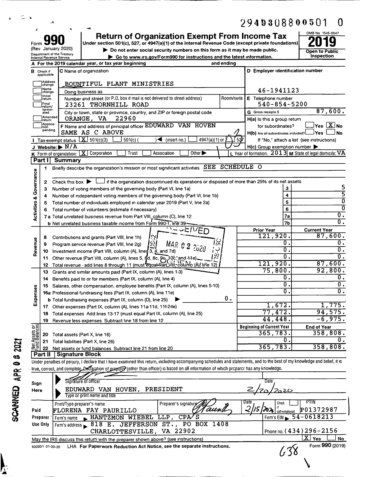 Image of first page of 2019 Form 990 for Bountiful Plant Ministries