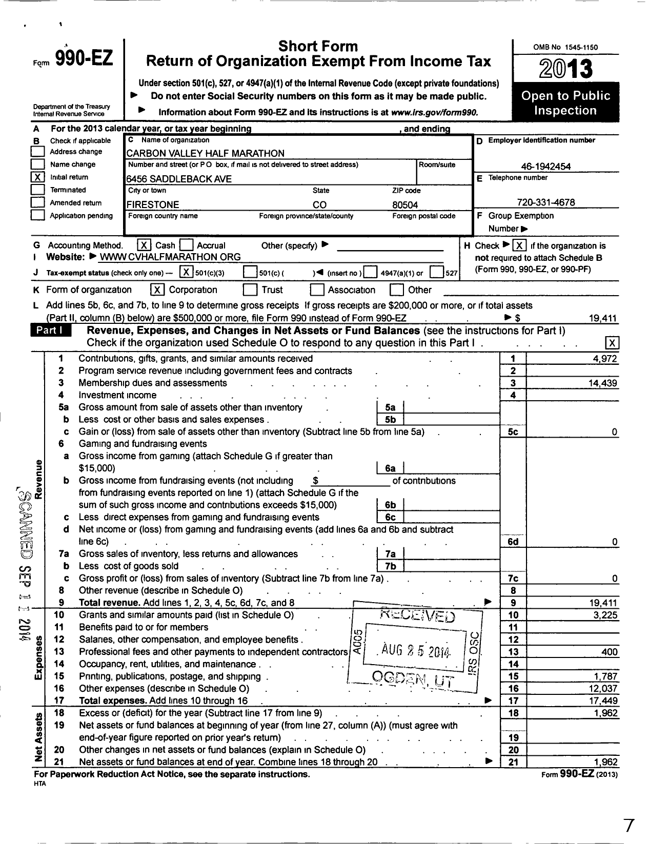 Image of first page of 2013 Form 990EZ for Carbon Valley Half Marathon