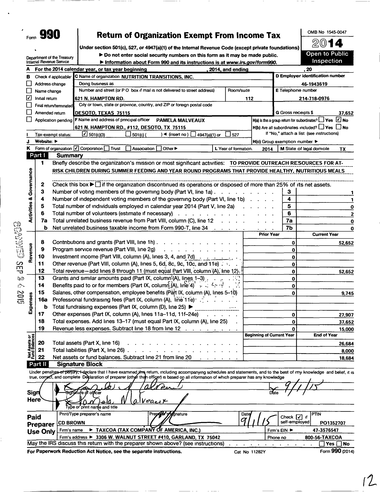 Image of first page of 2014 Form 990 for Nutrition Transitions