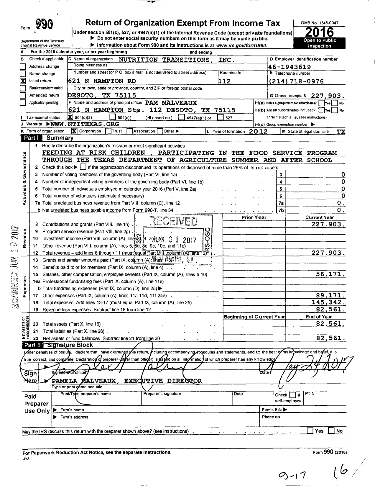 Image of first page of 2016 Form 990 for Nutrition Transitions