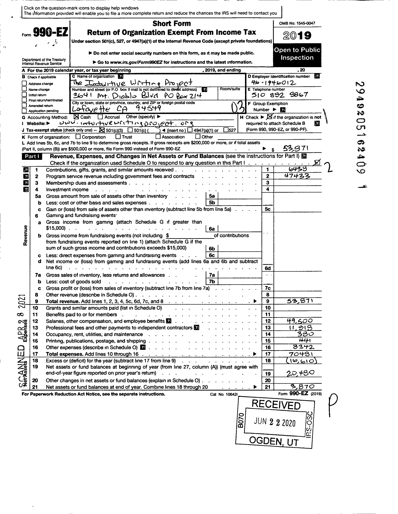 Image of first page of 2019 Form 990EZ for The Intuitive Writing Project