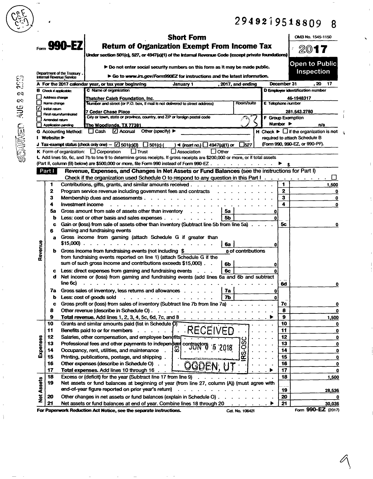 Image of first page of 2017 Form 990EZ for Thatcher Caleb Foundation