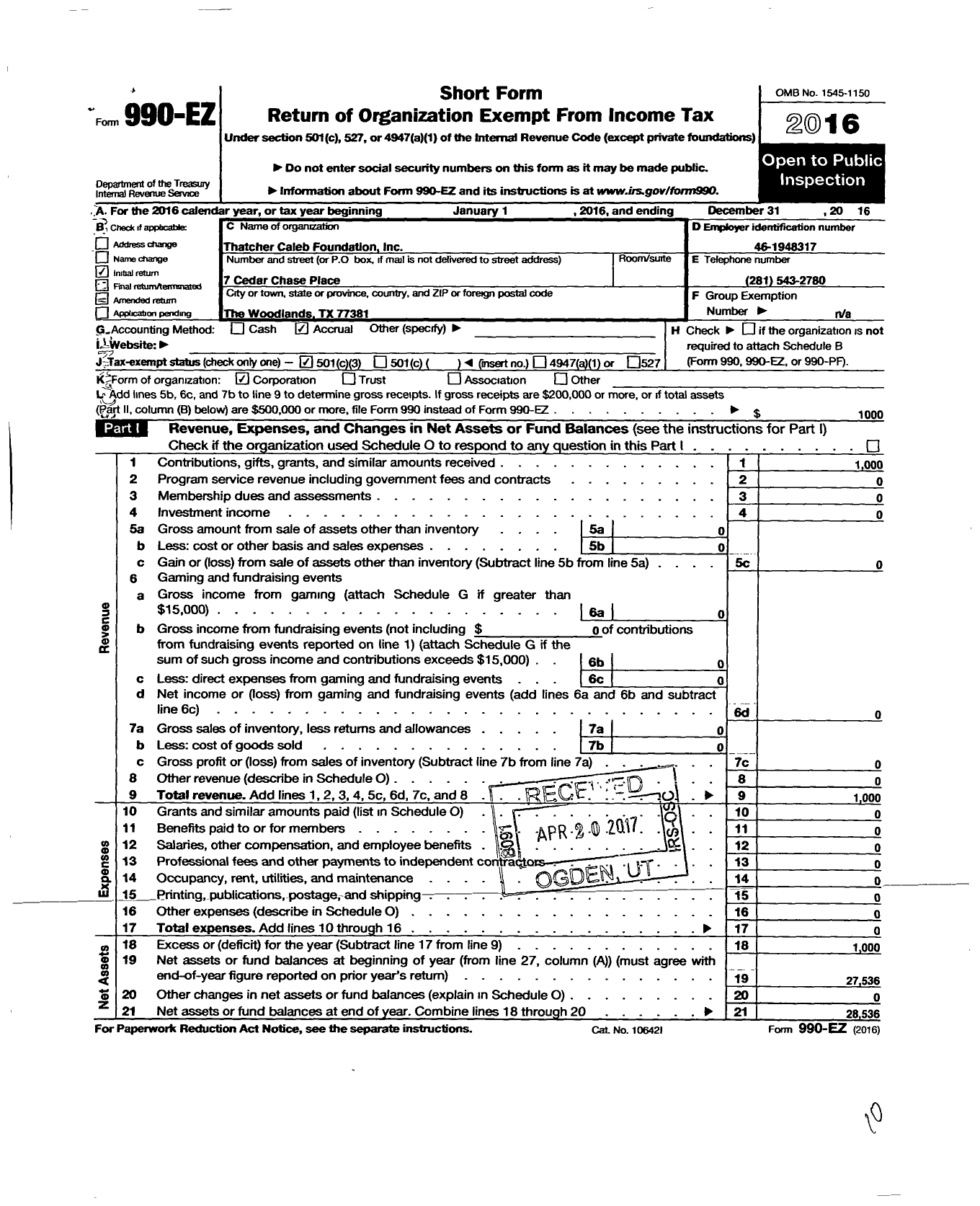 Image of first page of 2016 Form 990EZ for Thatcher Caleb Foundation