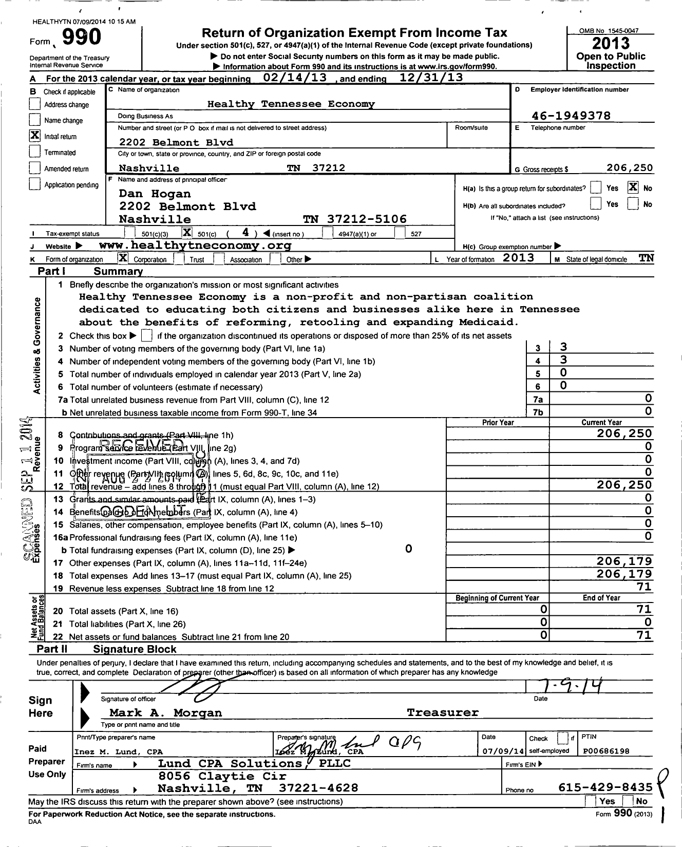 Image of first page of 2013 Form 990O for Healthy Tennessee Economy