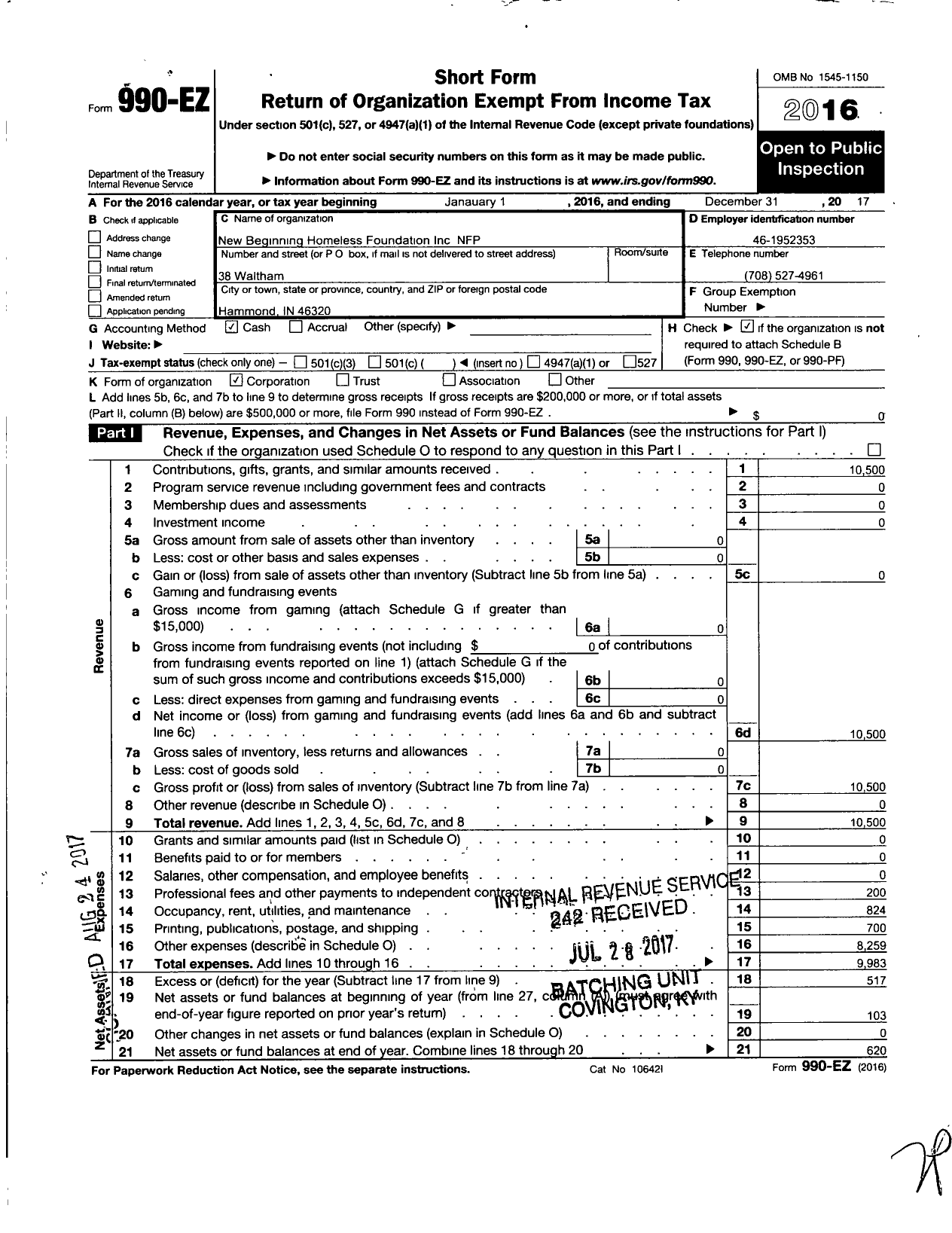 Image of first page of 2017 Form 990EO for New Beginning Homeless Foundation