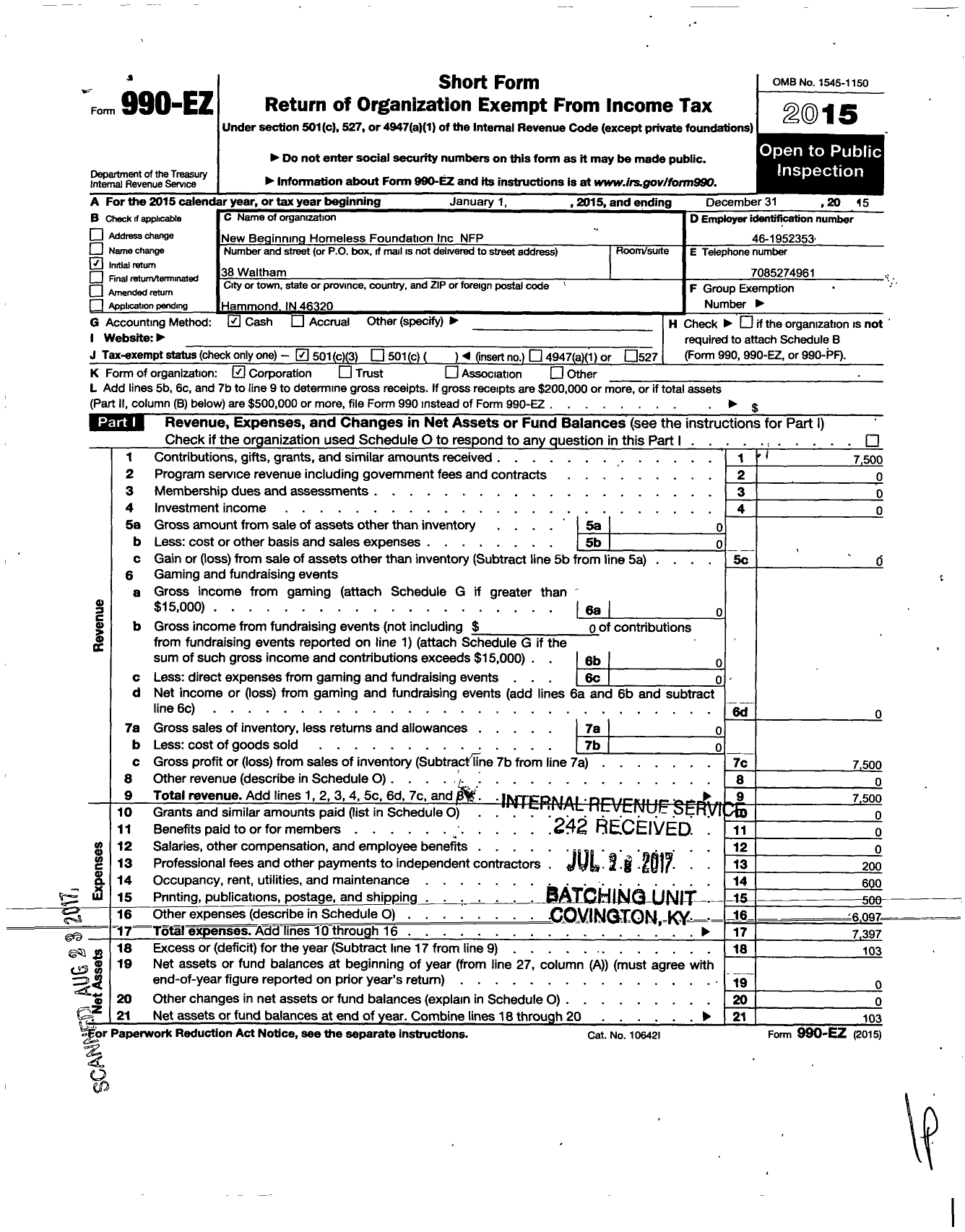 Image of first page of 2015 Form 990EZ for New Beginning Homeless Foundation