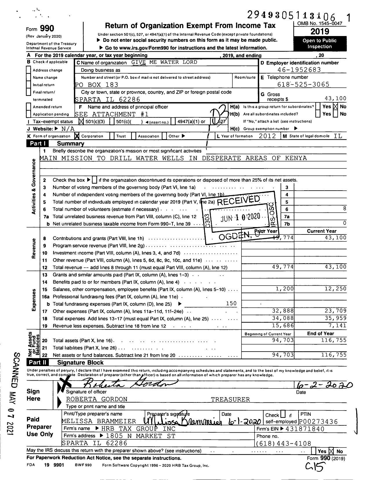 Image of first page of 2019 Form 990 for Give Me Water Lord