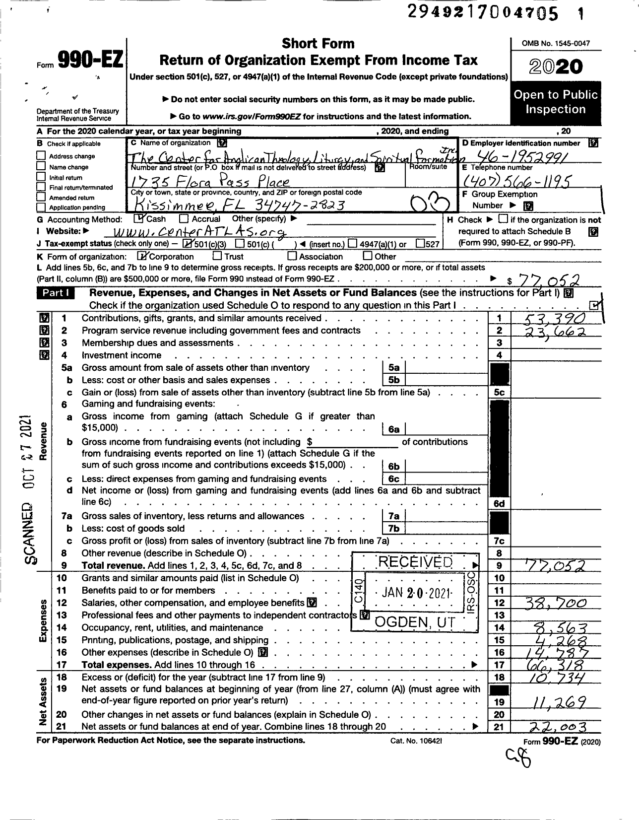 Image of first page of 2020 Form 990EZ for Center for Anglican Theology Liturgy and Spiritual Formation in