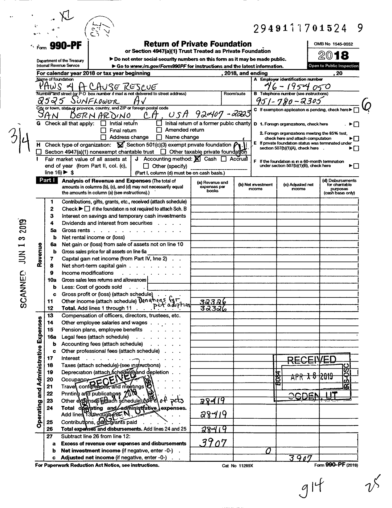 Image of first page of 2018 Form 990PF for Paws 4 A Cause Rescue