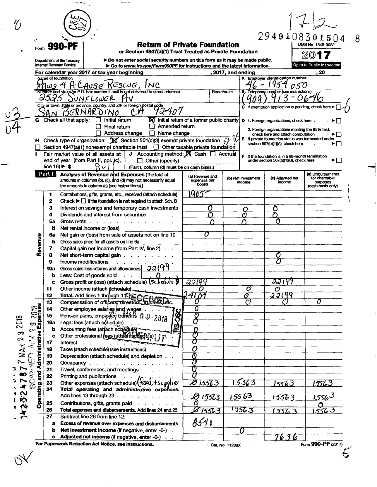 Image of first page of 2017 Form 990PF for Paws 4 A Cause Rescue