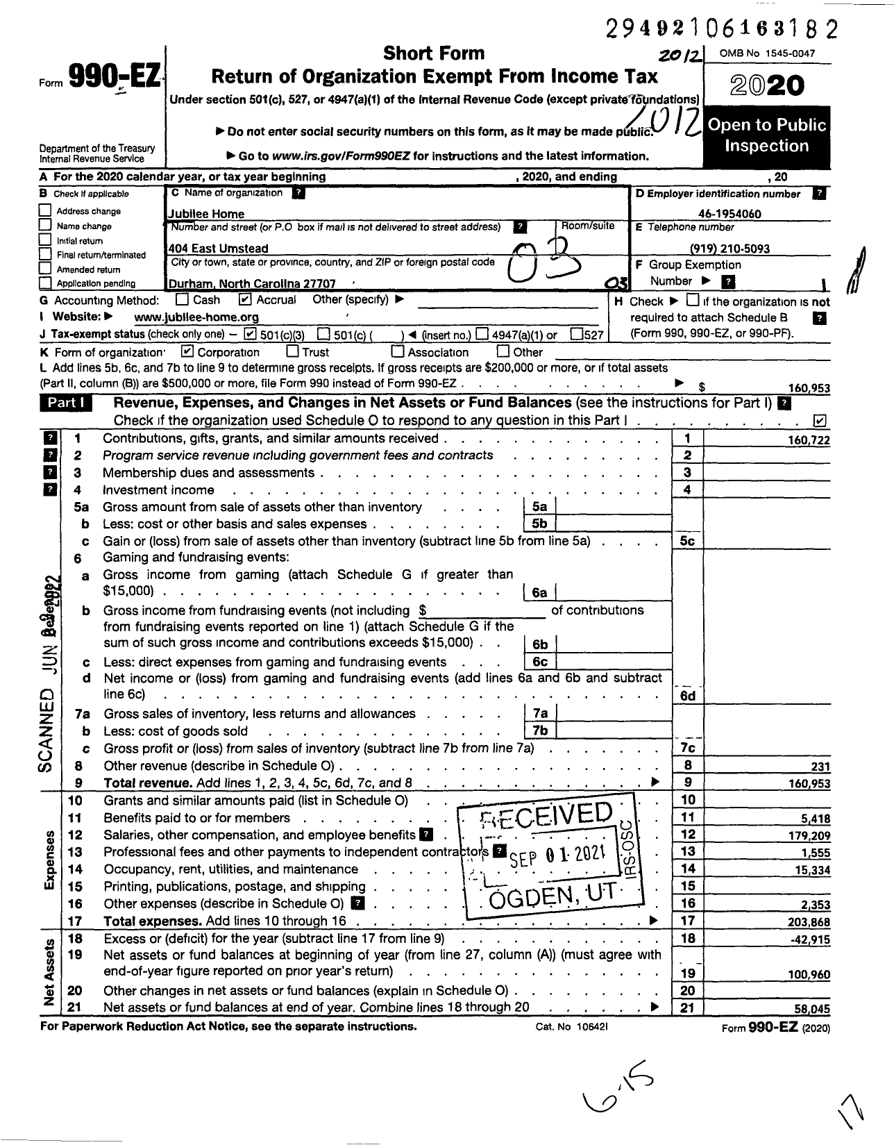 Image of first page of 2020 Form 990EZ for Jubilee Home