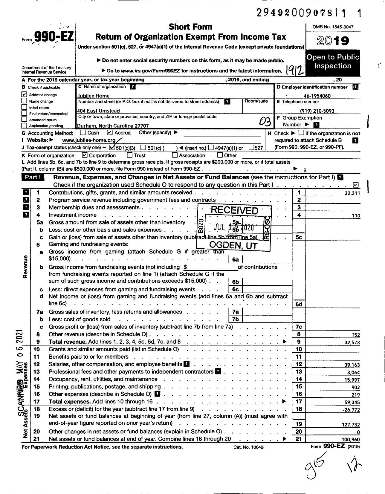 Image of first page of 2019 Form 990EZ for Jubilee Home