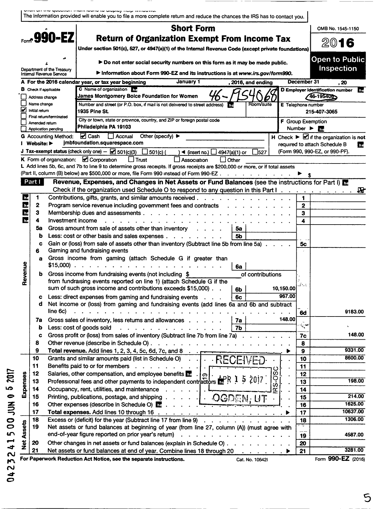 Image of first page of 2016 Form 990EZ for James Montgomery Boice Foundation for Women