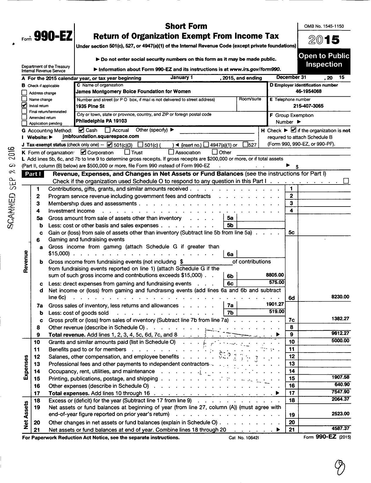 Image of first page of 2015 Form 990EZ for James Montgomery Boice Foundation for Women