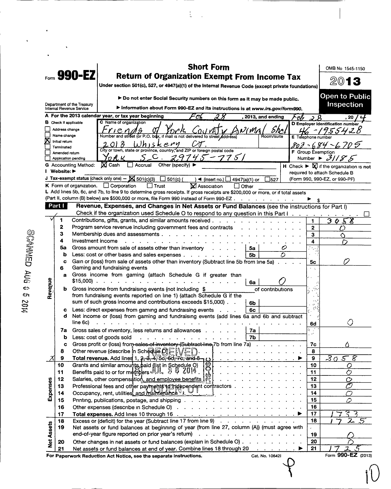 Image of first page of 2013 Form 990EZ for Friends of York County Animal Shelter