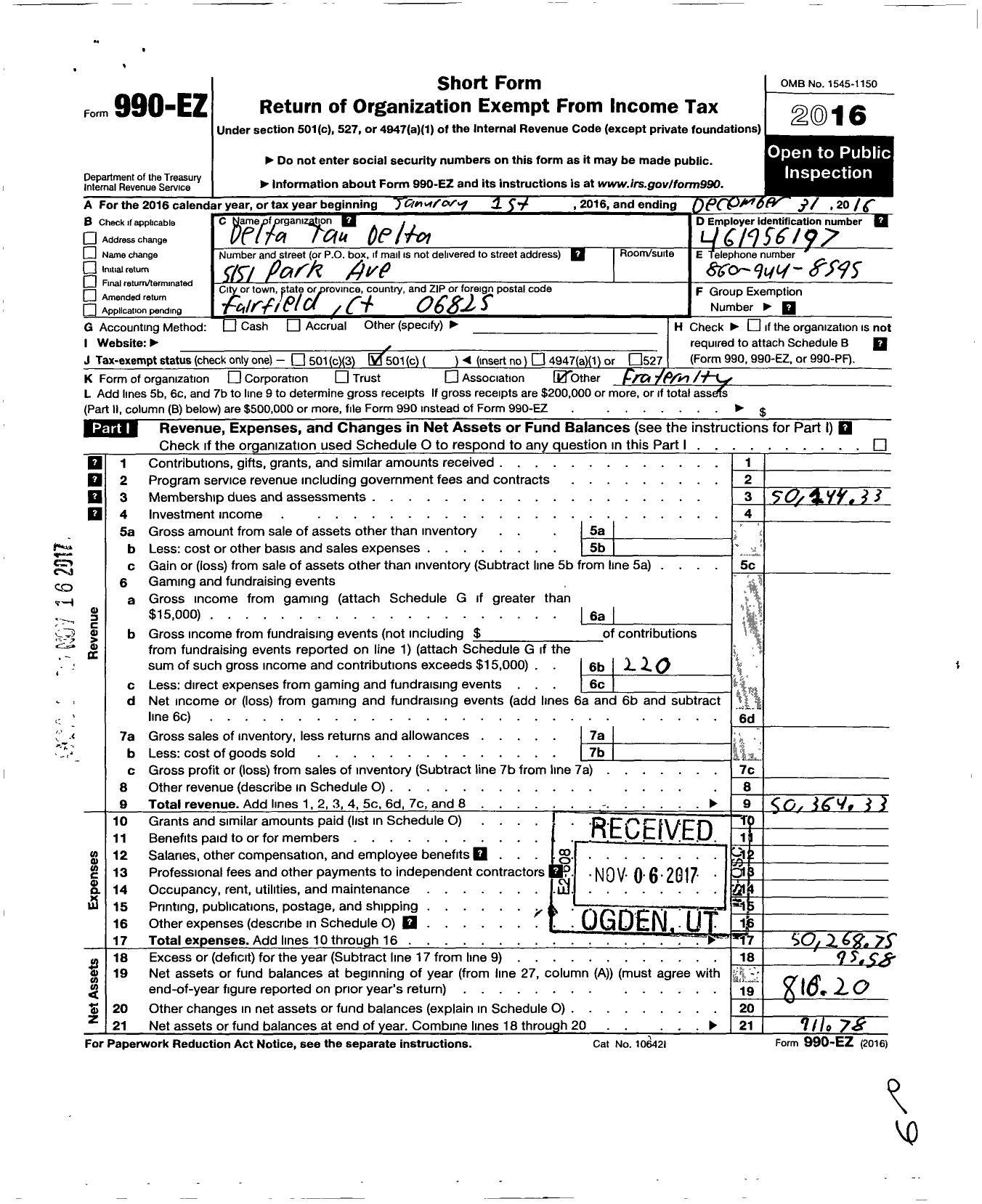 Image of first page of 2016 Form 990EO for Delta Tau Delta Fraternity