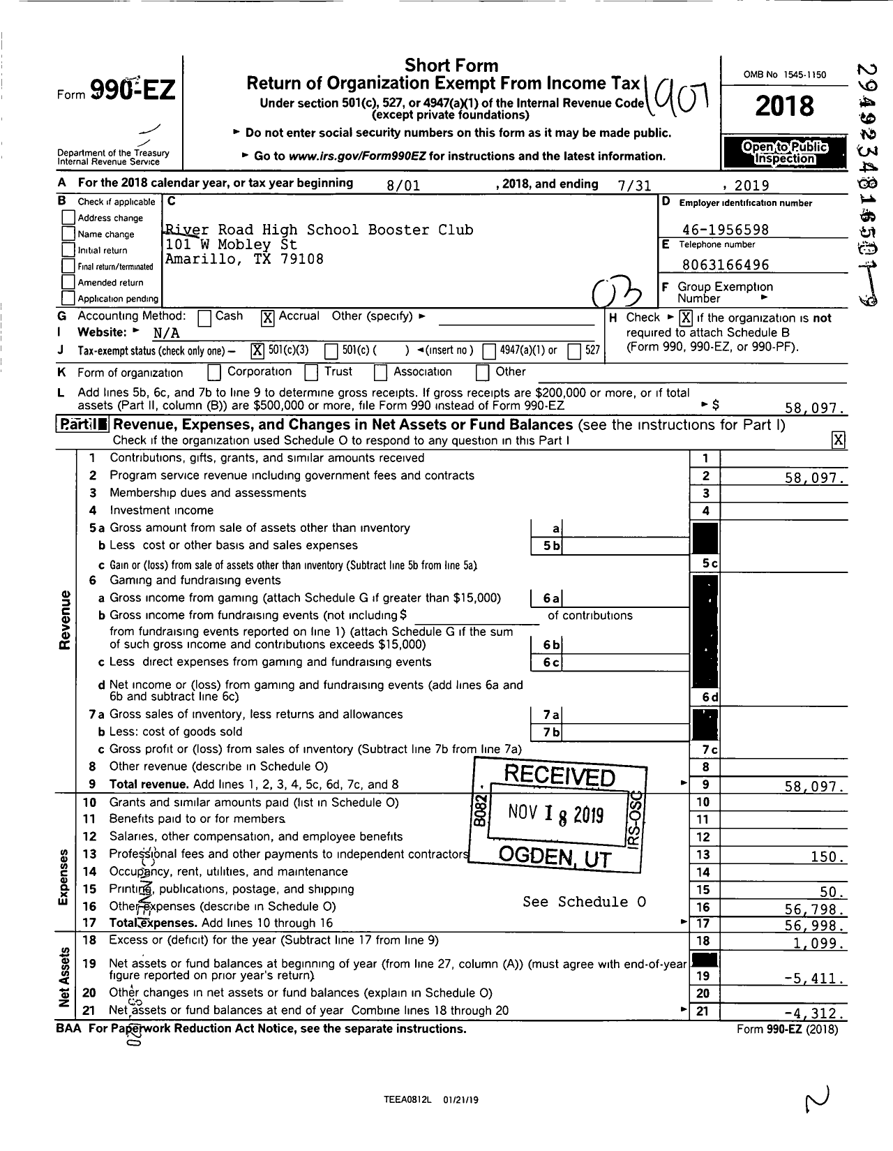 Image of first page of 2018 Form 990EZ for River Road High School Booster Club