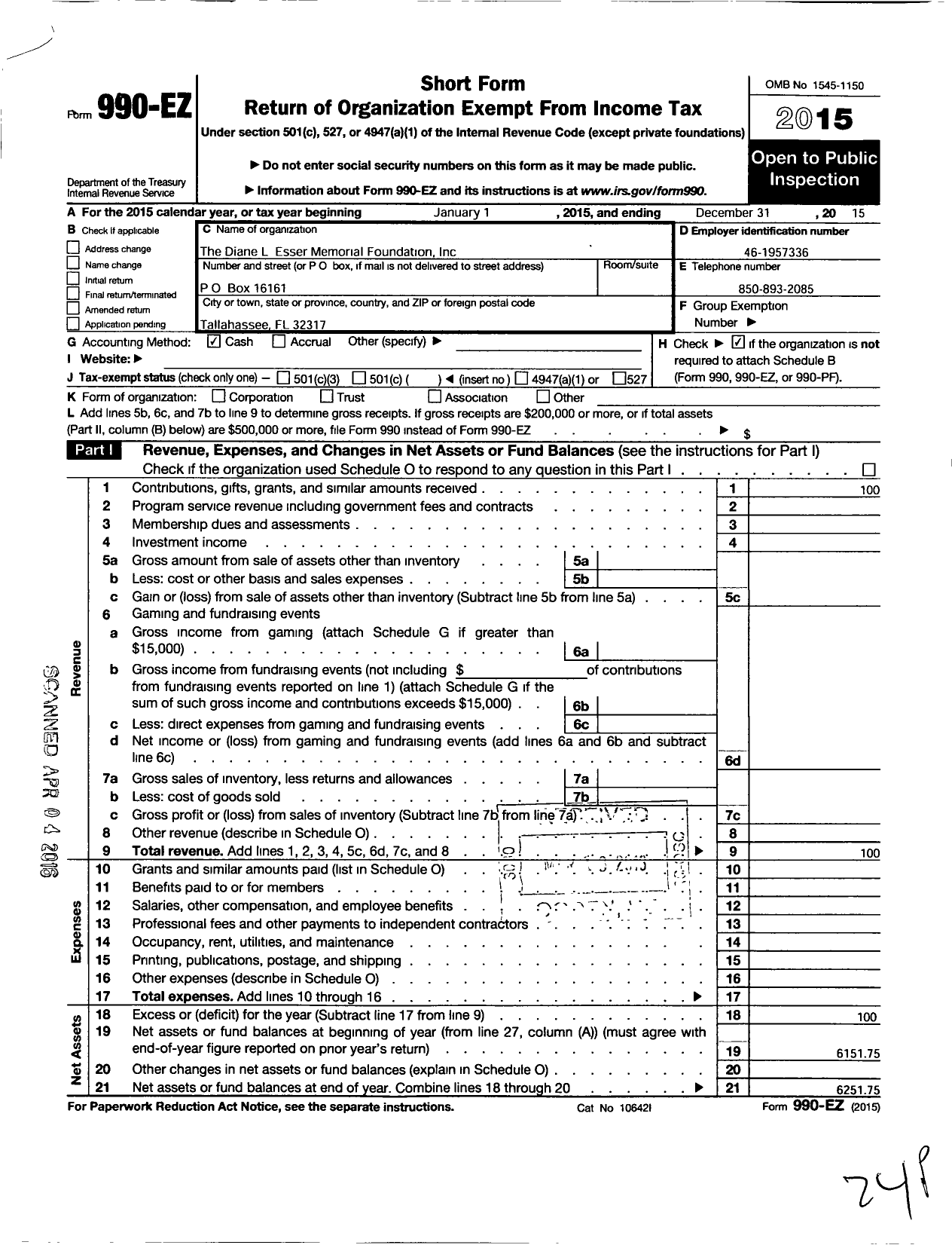 Image of first page of 2015 Form 990EO for Diane L Esser Memorial Foundation